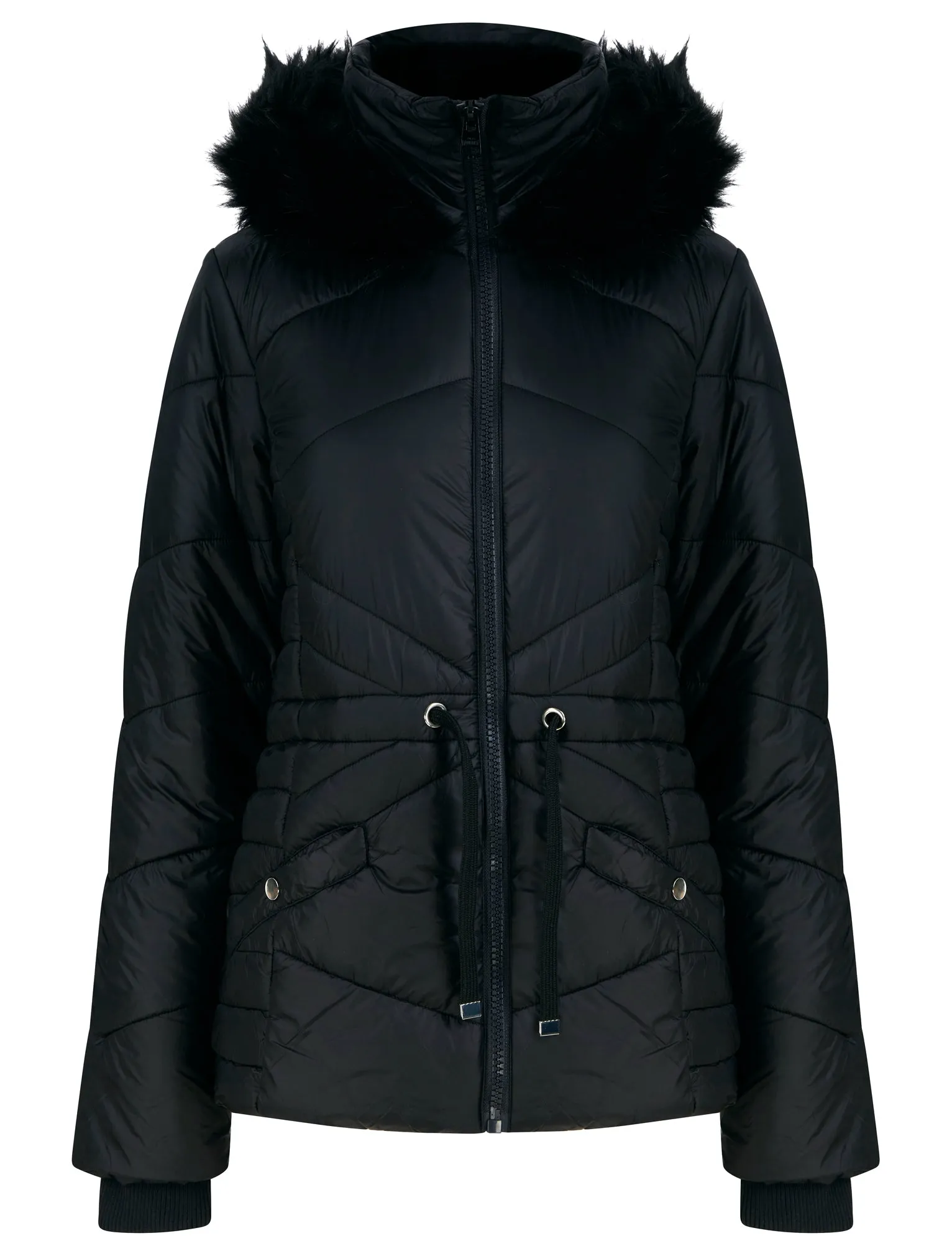 Featherington High Shine Quilted Hooded Puffer Jacket With Faux Fur Trim in Black - Tokyo Laundry