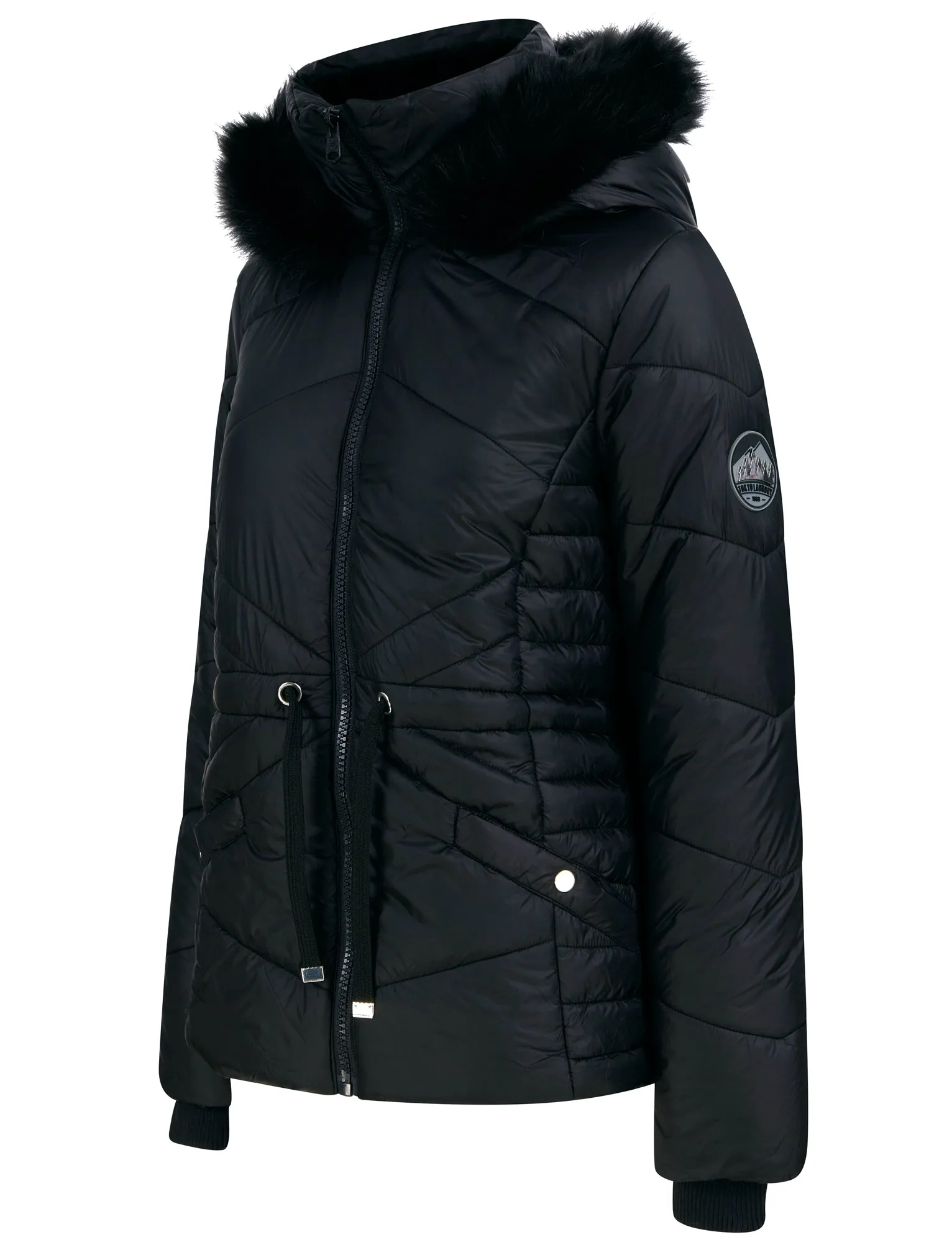 Featherington High Shine Quilted Hooded Puffer Jacket With Faux Fur Trim in Black - Tokyo Laundry