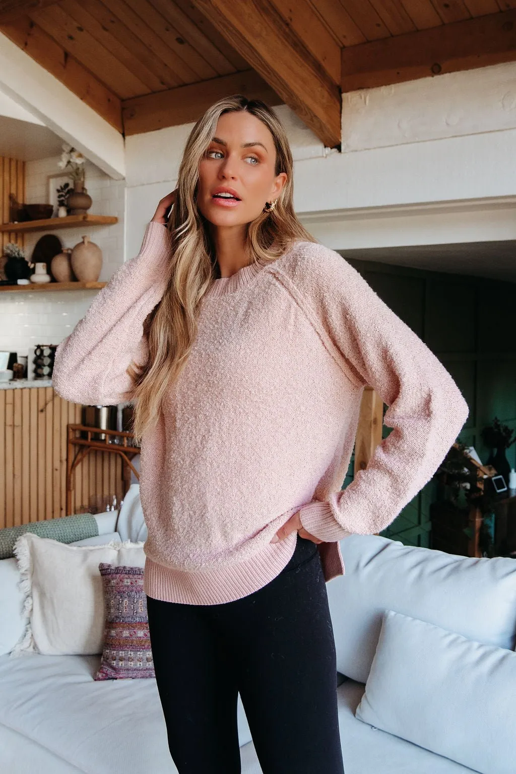 Fuzzy Pink Ribbed Pullover Sweater