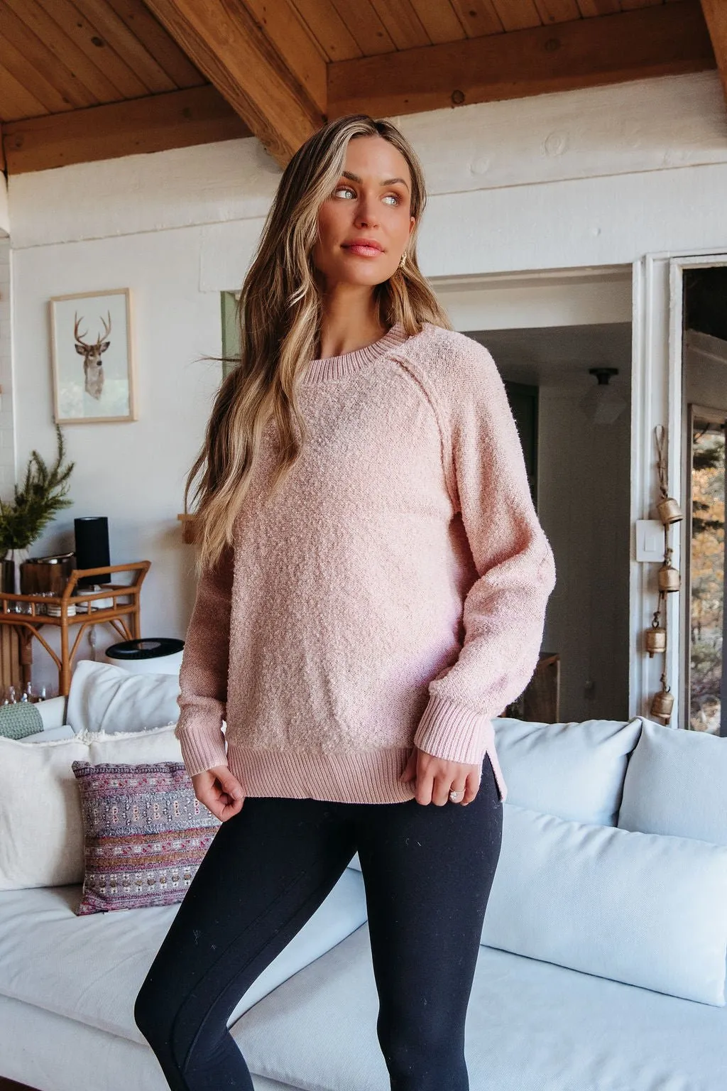 Fuzzy Pink Ribbed Pullover Sweater