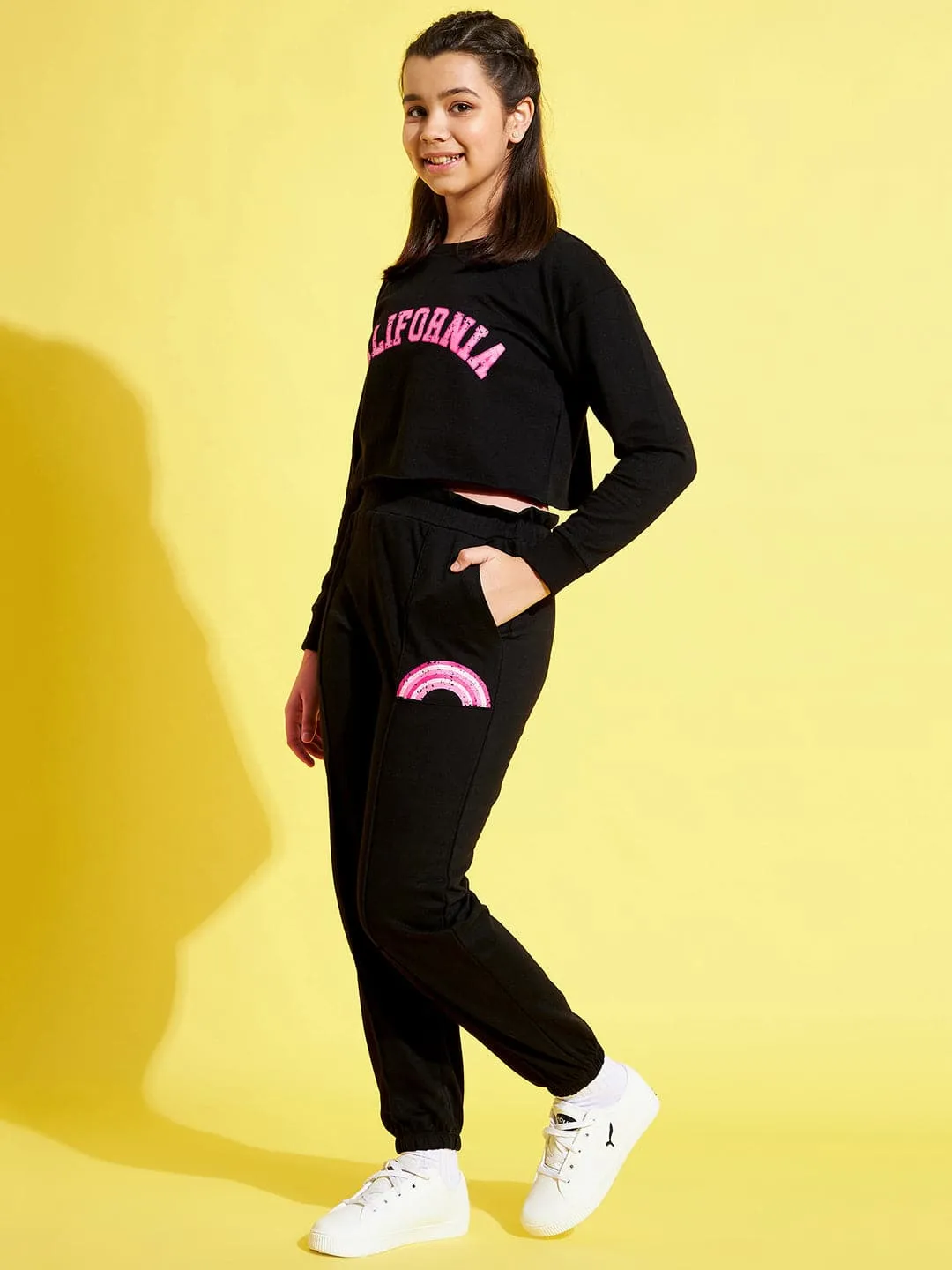 Girls Black Terry Sweatshirt With Paper Bag Joggers - Lyush Kids