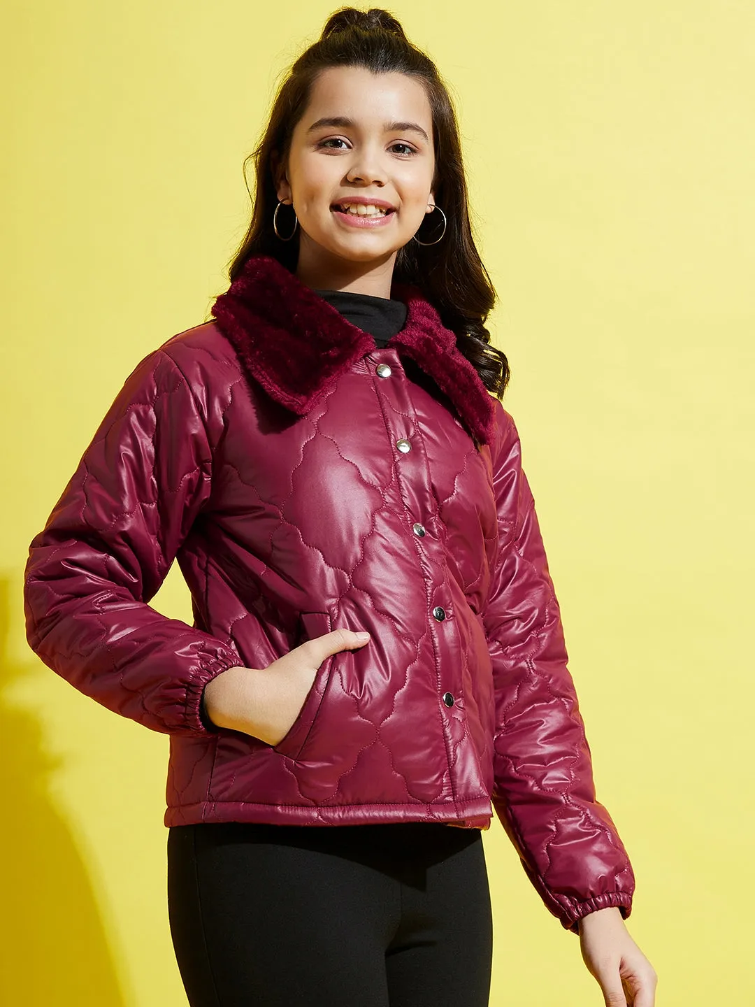 Girls Maroon Fur Collar Quilted Jacket