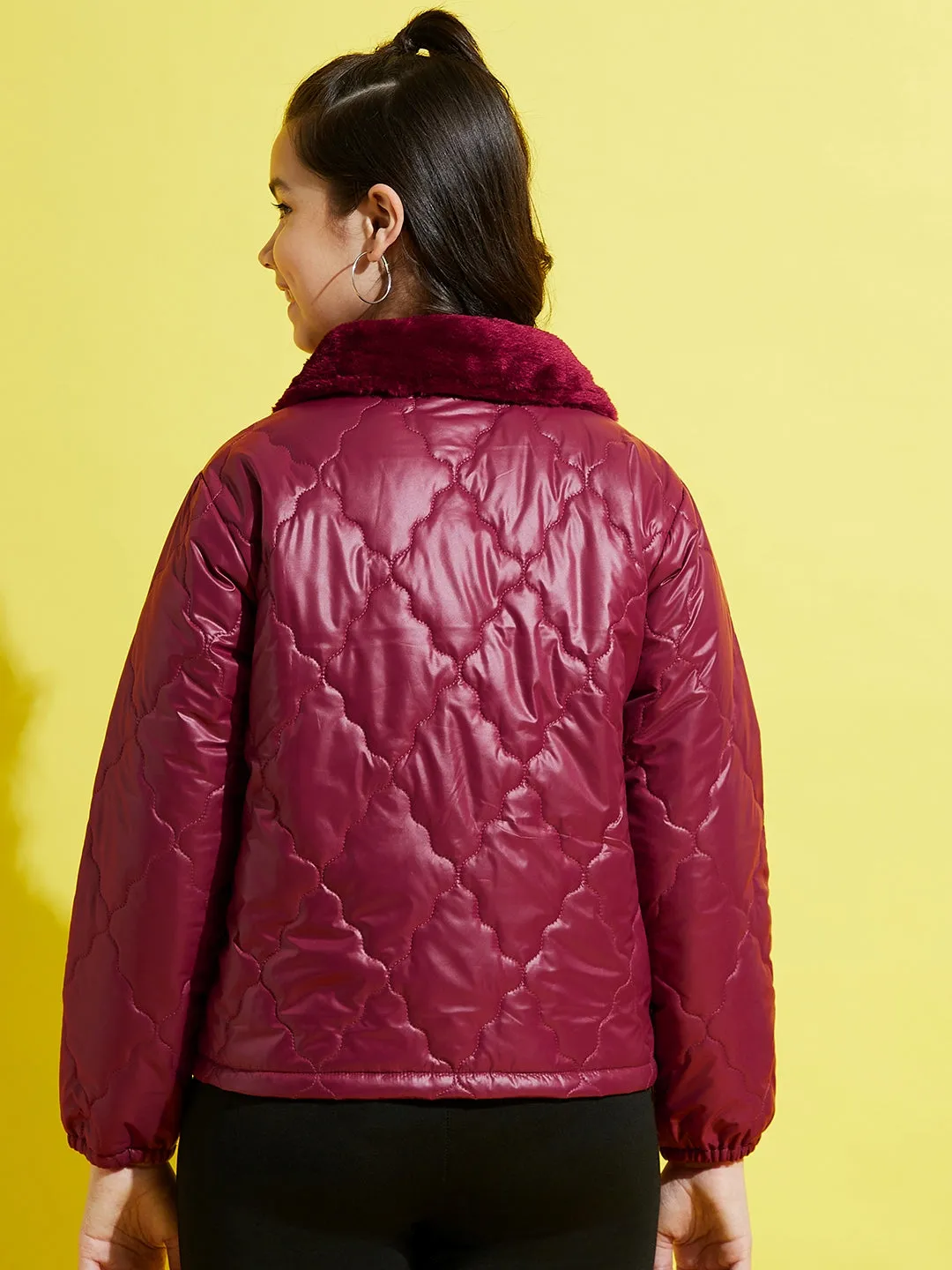 Girls Maroon Fur Collar Quilted Jacket