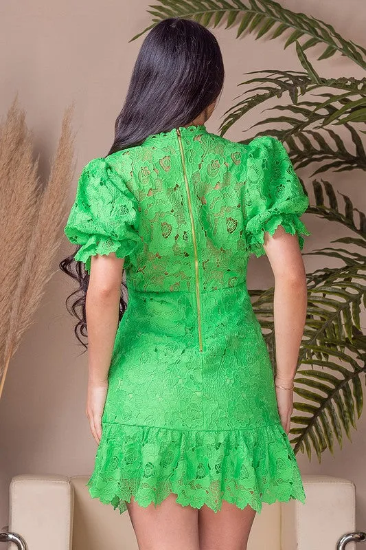 Green Crochet Lace Ruffled Hem Puff Sleeves Dress