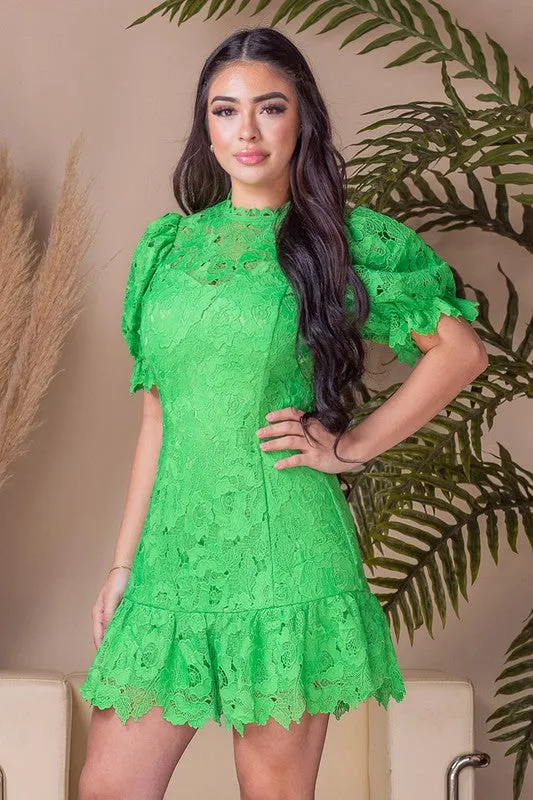 Green Crochet Lace Ruffled Hem Puff Sleeves Dress