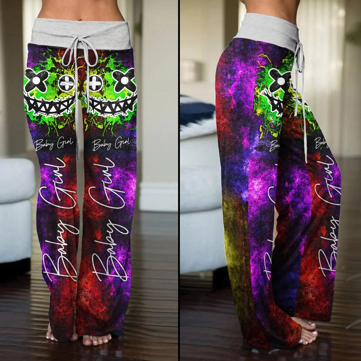 Green Purple Horror Little Smile High-waisted Wide Leg Pants