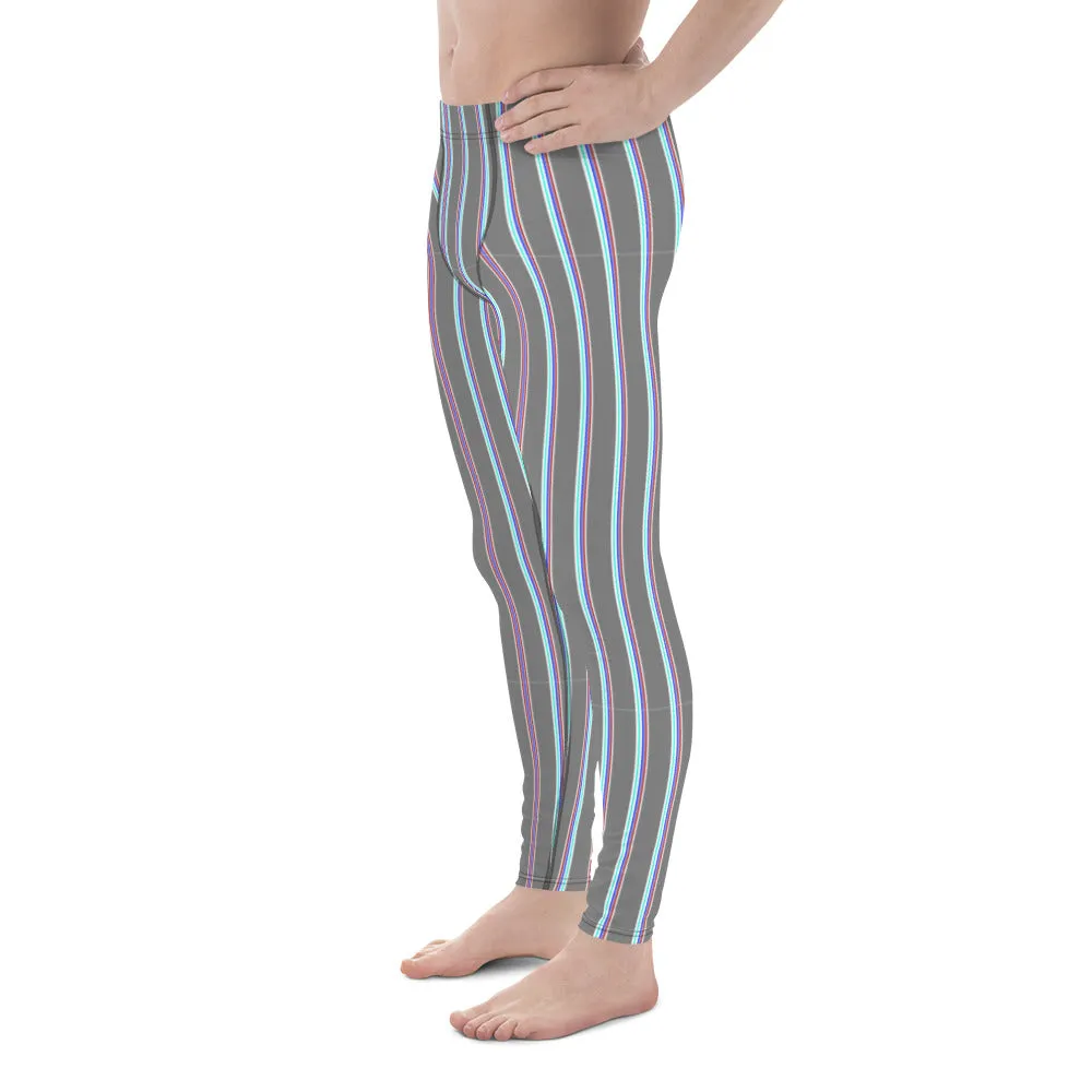 Grey Striped Men's Leggings, Vertical Stripes Modern Meggings Classic Running Tights For Men