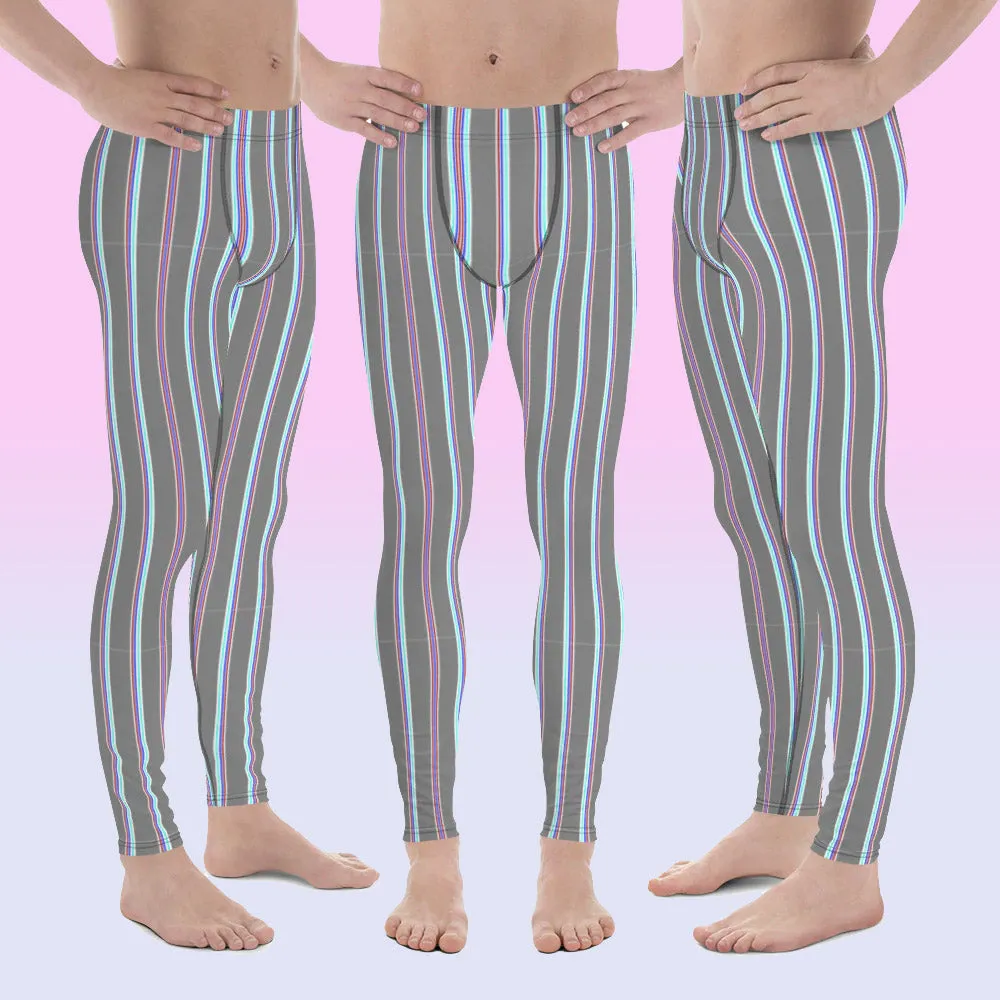 Grey Striped Men's Leggings, Vertical Stripes Modern Meggings Classic Running Tights For Men