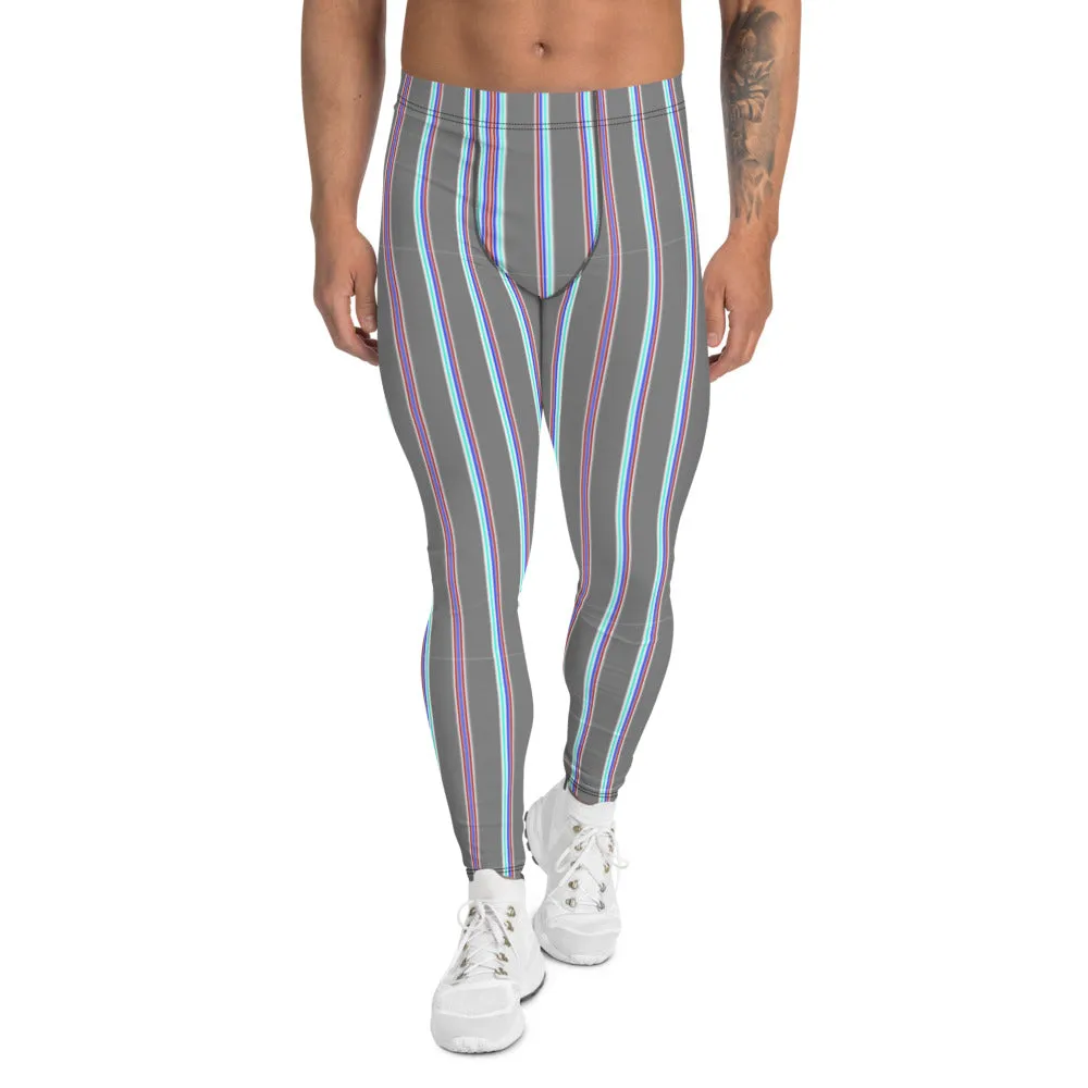 Grey Striped Men's Leggings, Vertical Stripes Modern Meggings Classic Running Tights For Men