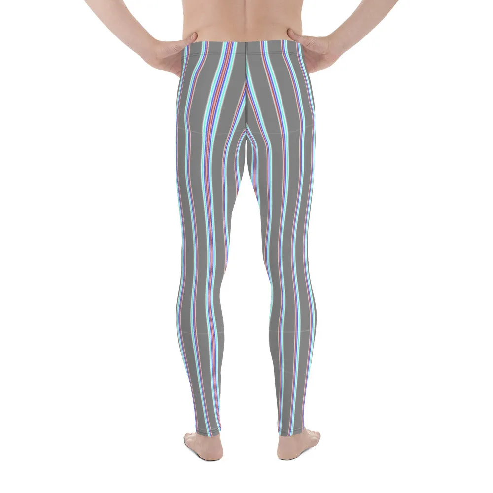 Grey Striped Men's Leggings, Vertical Stripes Modern Meggings Classic Running Tights For Men