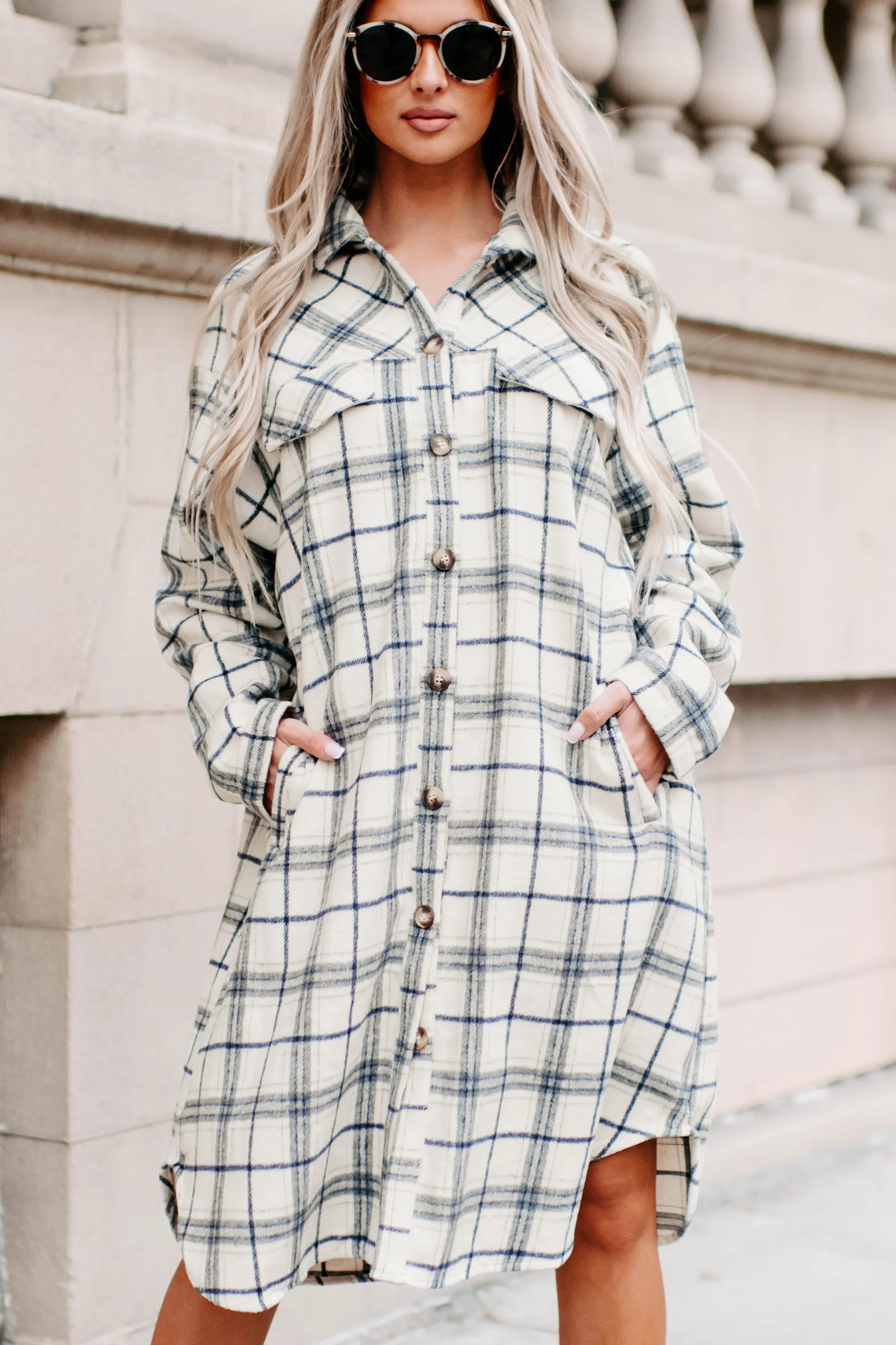 Hide Your Feelings Long Plaid Shacket (Ivory)