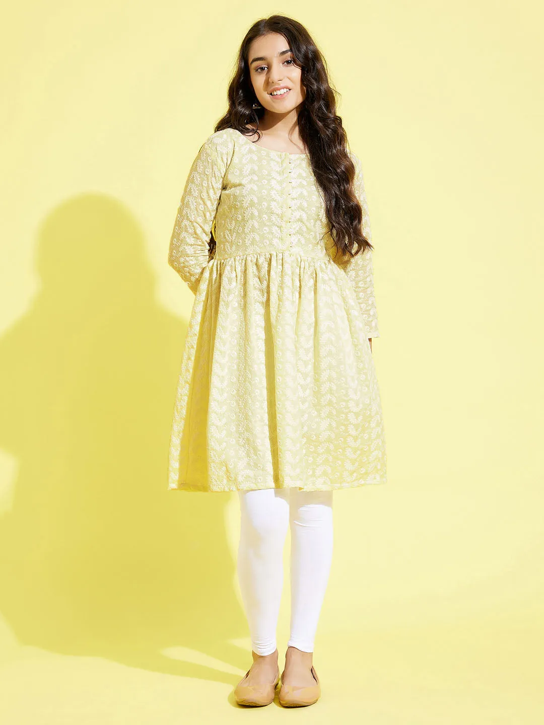 Jashvi Girls' Yellow Pure Cotton Chikankari kurta With Leggings Set