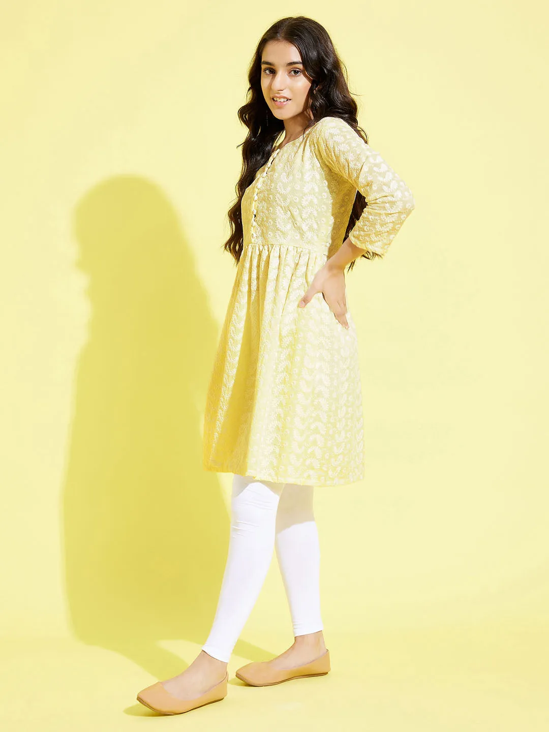 Jashvi Girls' Yellow Pure Cotton Chikankari kurta With Leggings Set