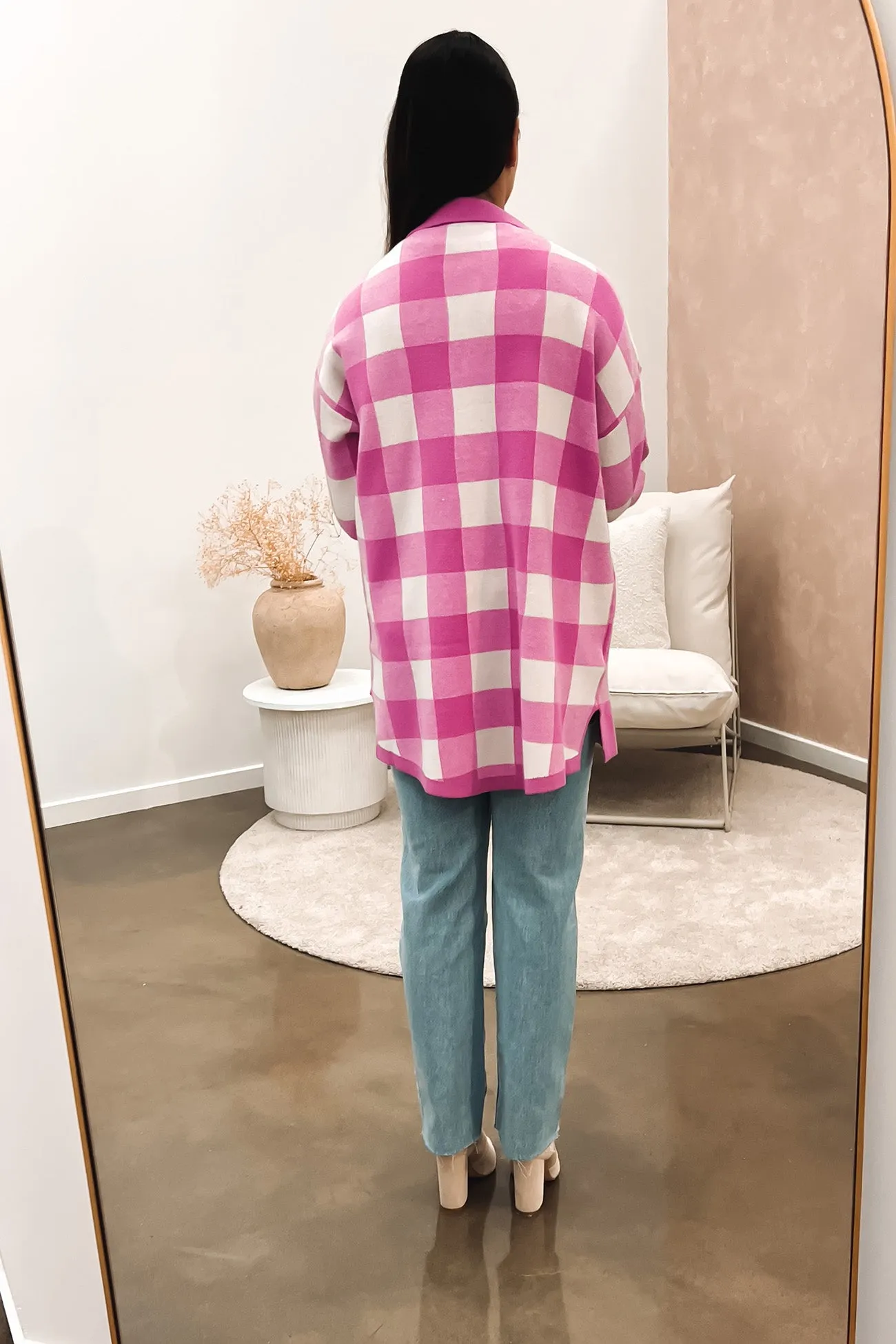 Kasey Knitted Shacket Pink Check