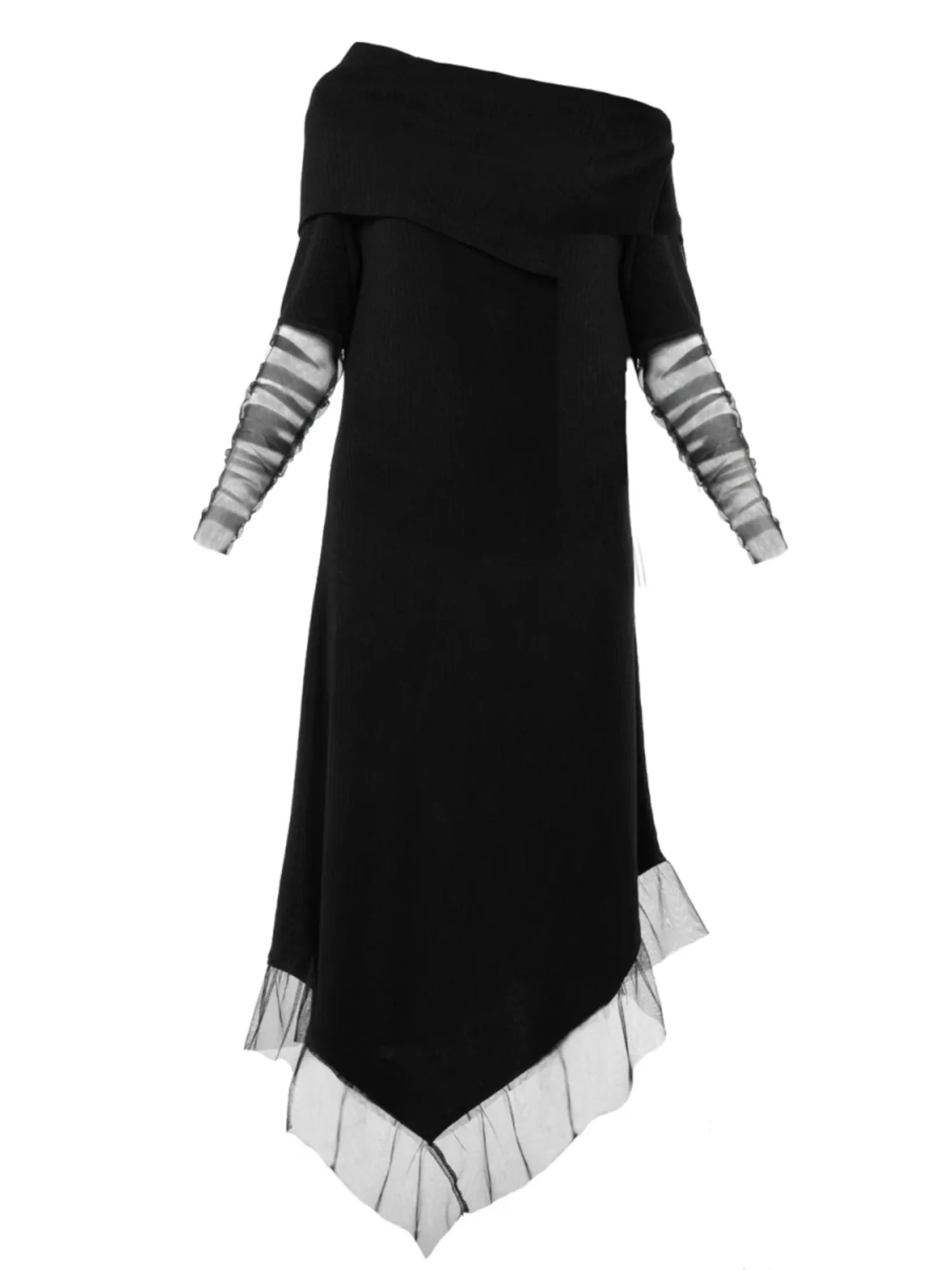 Knitted Black Dress With Tulle Sleeves