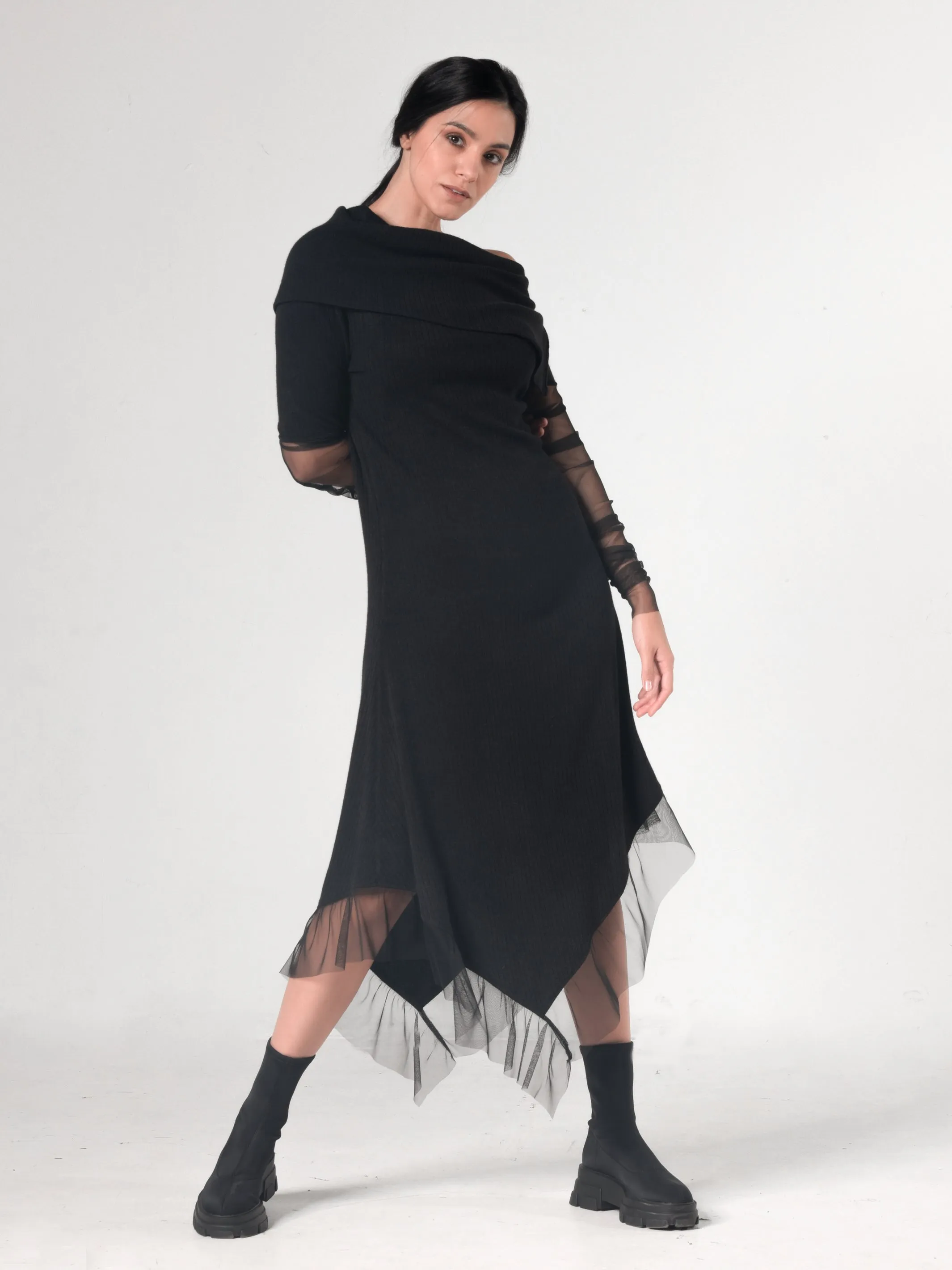 Knitted Black Dress With Tulle Sleeves