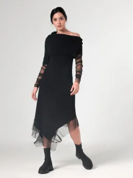 Knitted Black Dress With Tulle Sleeves