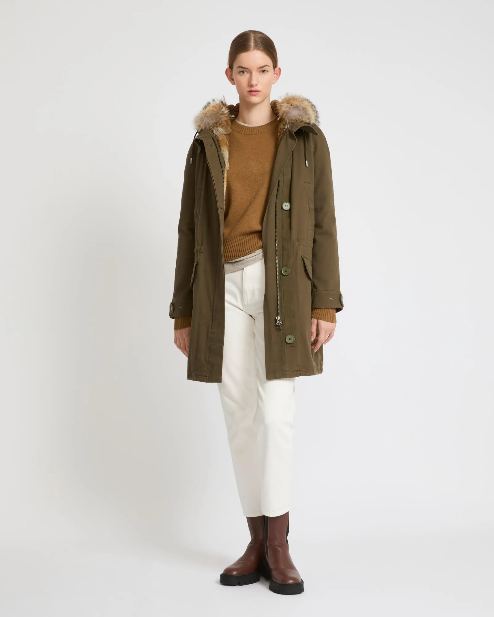 Long cotton gabardine parka with coyote and rabbit fur