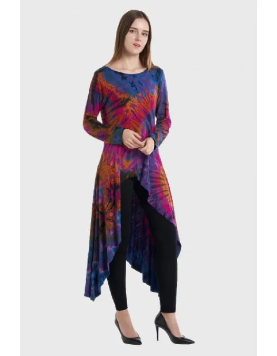 Long Sleeves Tie-Dye High-Low Dress, Thailand