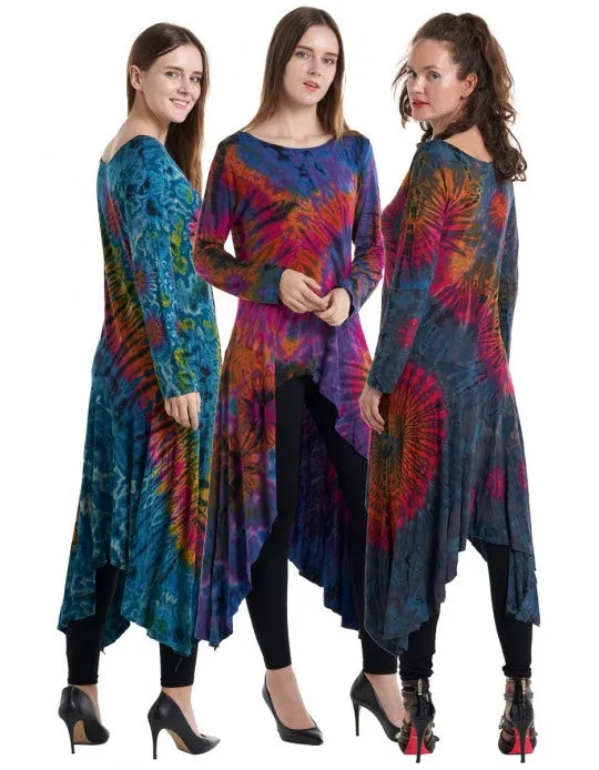 Long Sleeves Tie-Dye High-Low Dress, Thailand