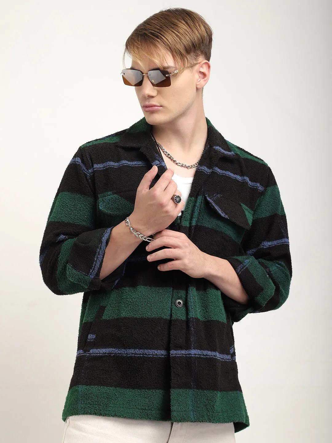 Luxe Lineage Green Pure Wool Towel Knitted Check Shacket