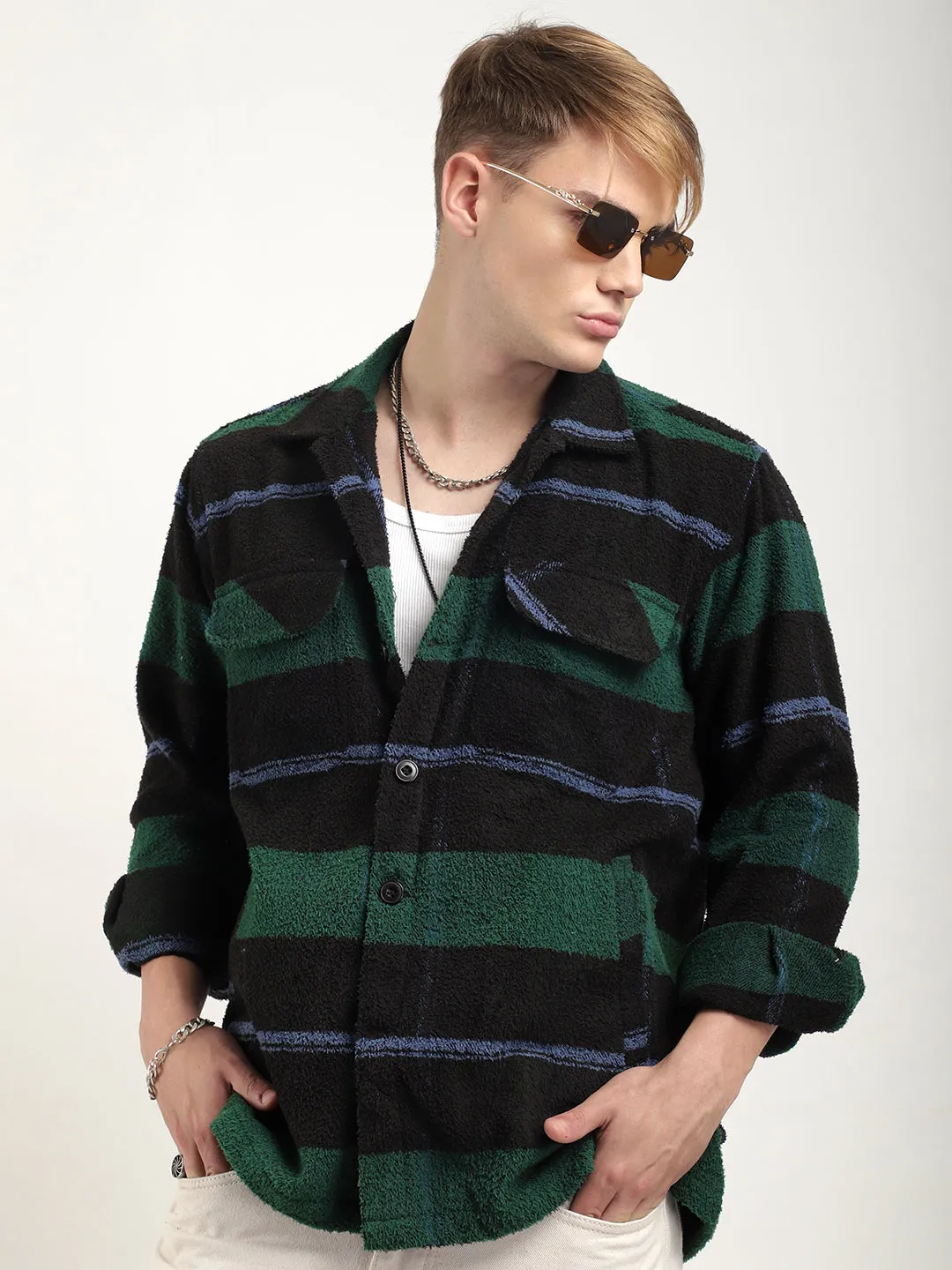 Luxe Lineage Green Pure Wool Towel Knitted Check Shacket