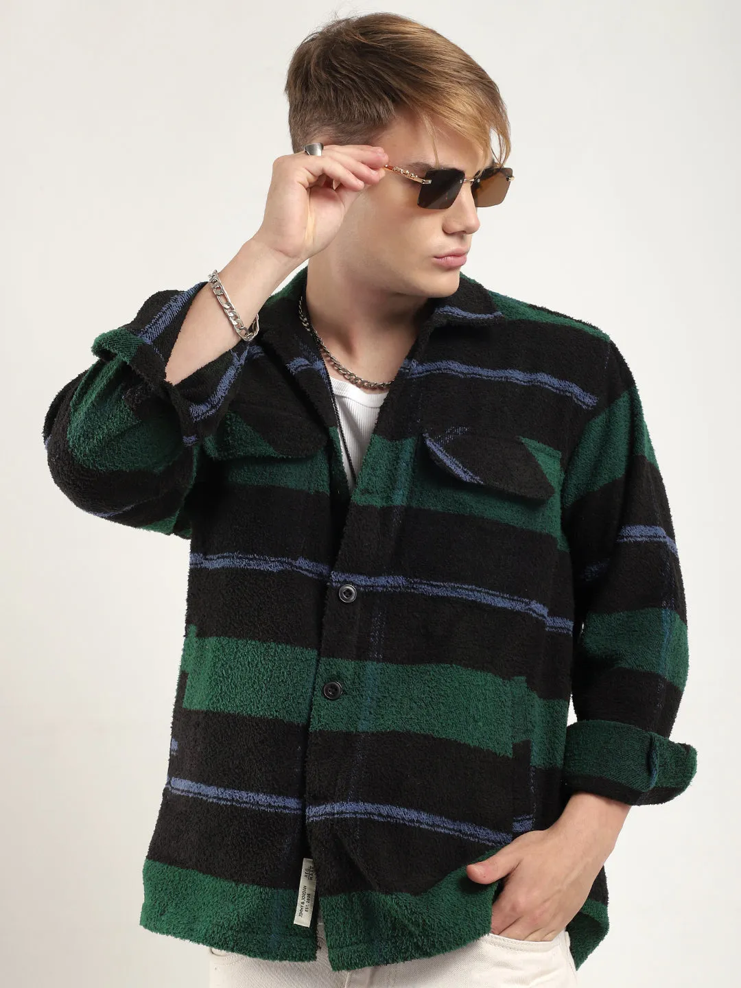 Luxe Lineage Green Pure Wool Towel Knitted Check Shacket