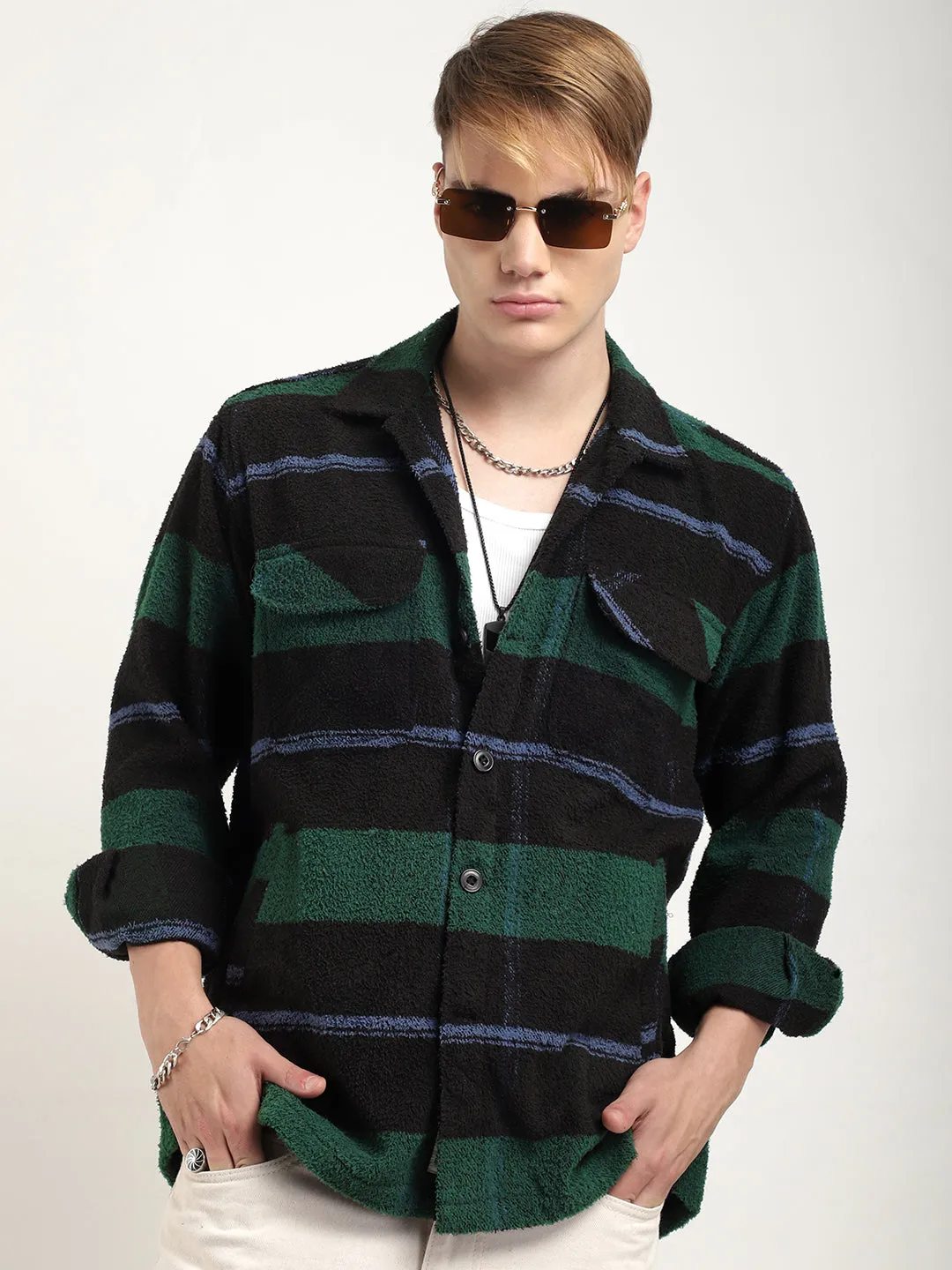 Luxe Lineage Green Pure Wool Towel Knitted Check Shacket