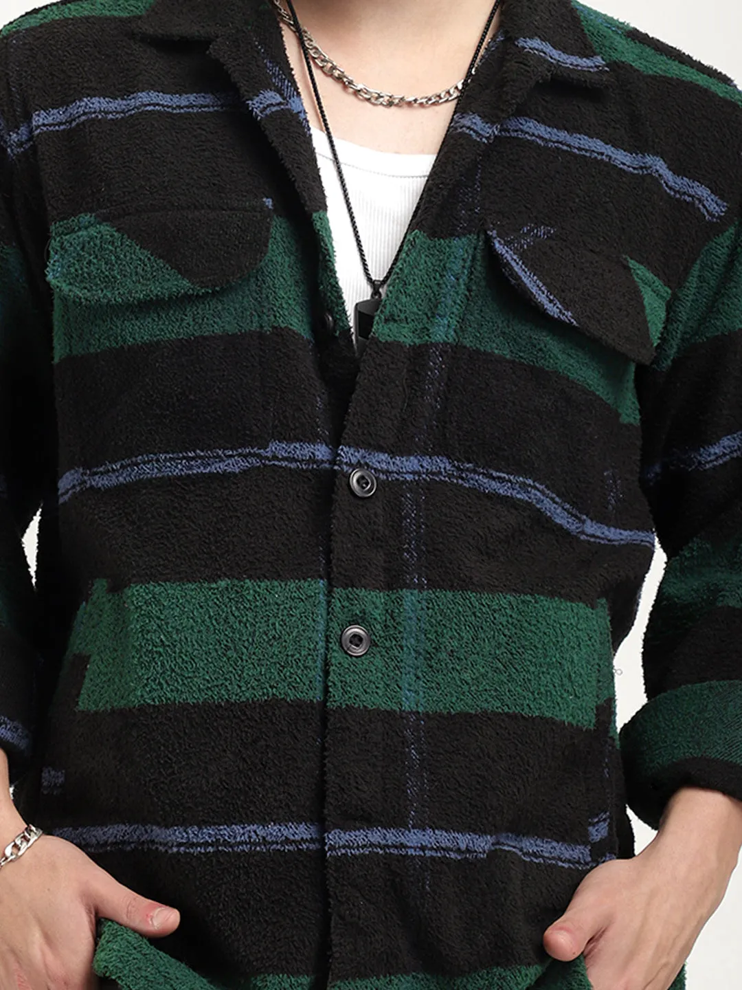 Luxe Lineage Green Pure Wool Towel Knitted Check Shacket