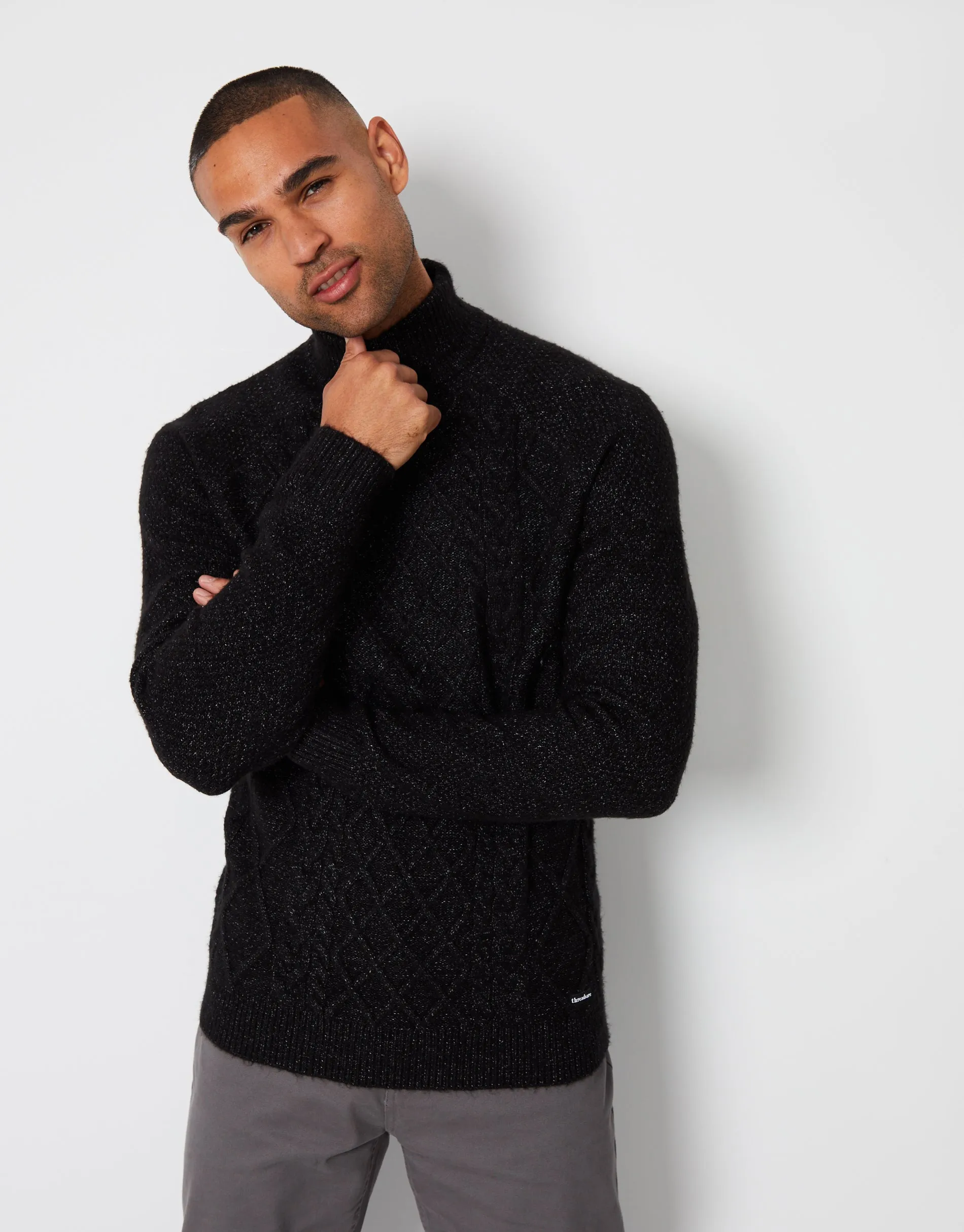 Men's Black Cable Knit Turtle Neck Jumper