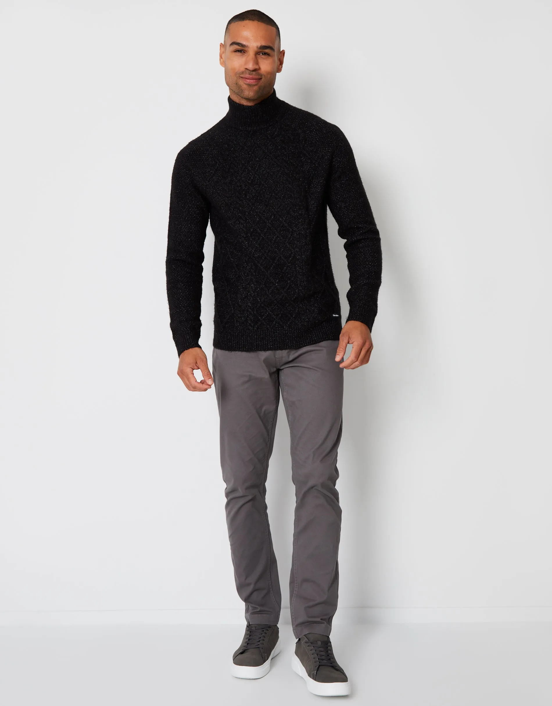 Men's Black Cable Knit Turtle Neck Jumper