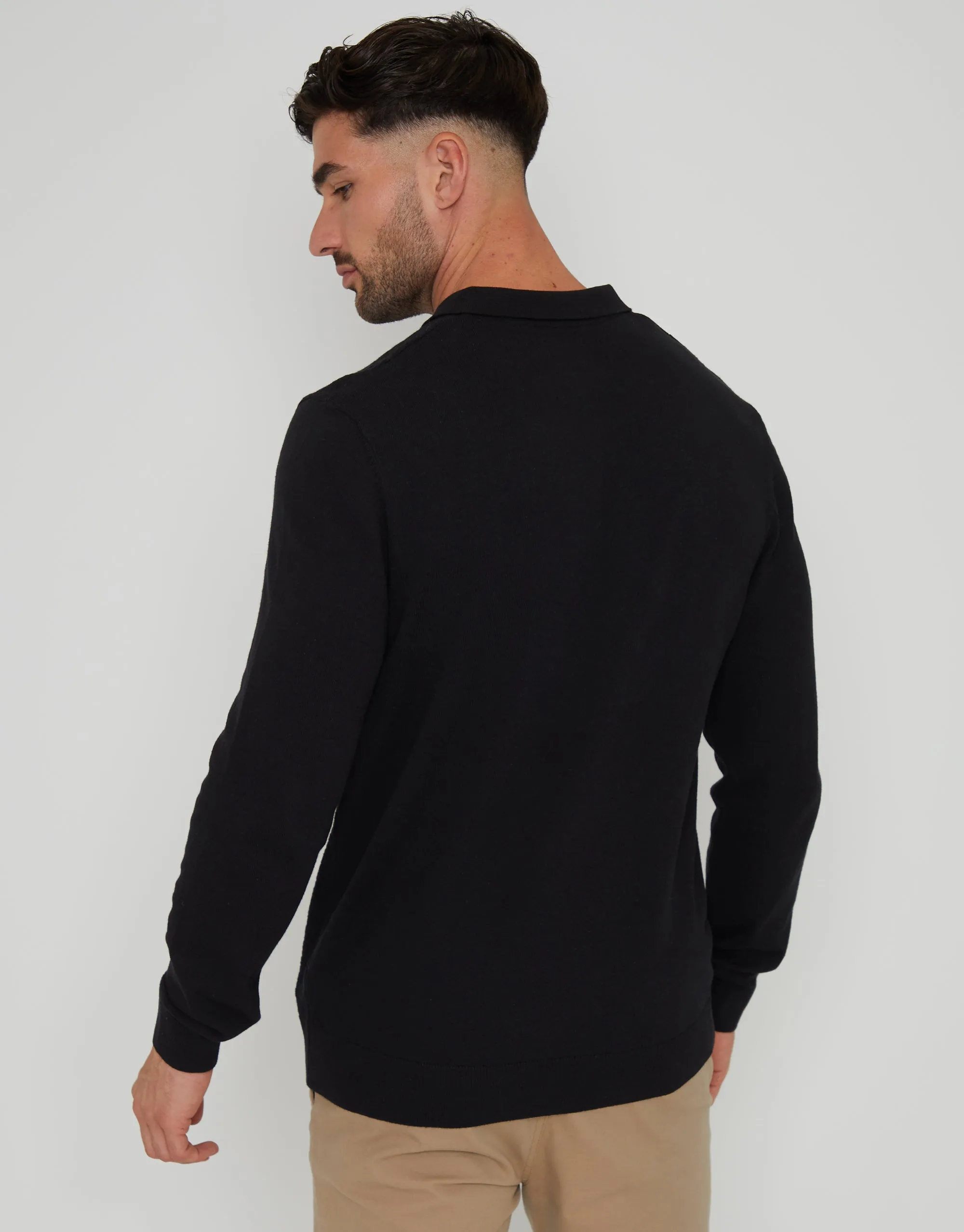 Men's Black Long Sleeve Quarter Zip Knitted Polo Jumper