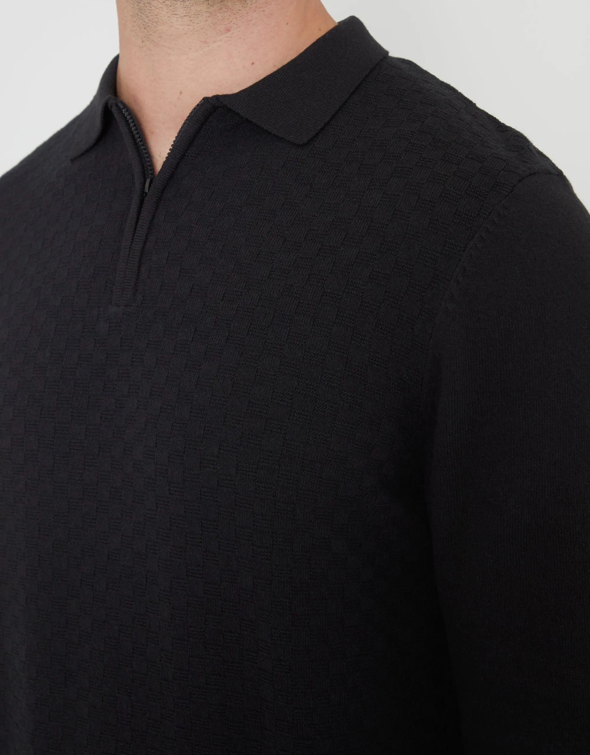 Men's Black Long Sleeve Quarter Zip Knitted Polo Jumper