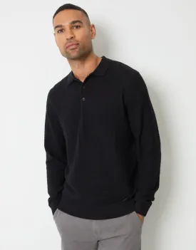 Men's Black Long Sleeve Textured Knitted Polo Jumper