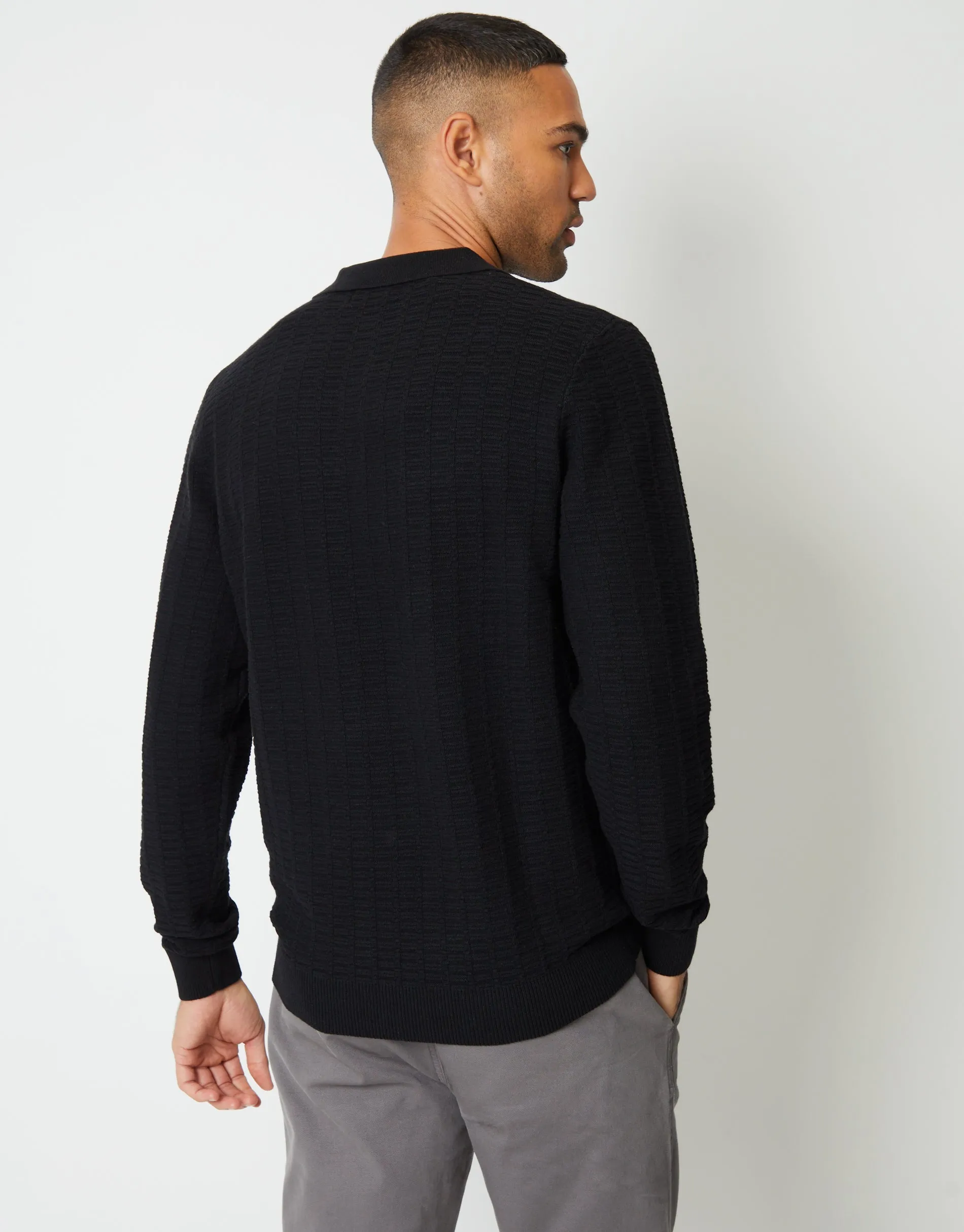 Men's Black Long Sleeve Textured Knitted Polo Jumper