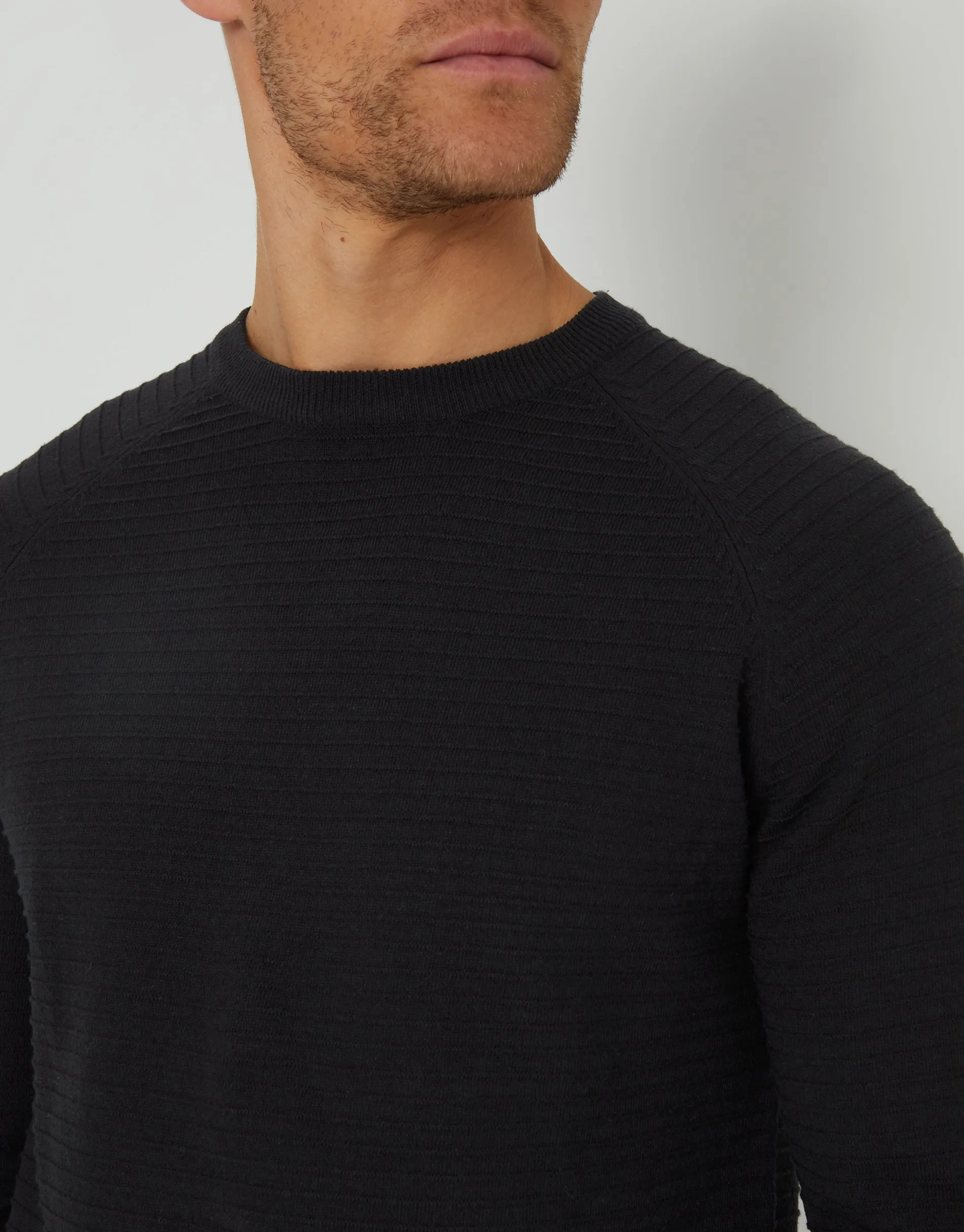 Men's Black Textured Stripe Knitted Crew Neck Jumper