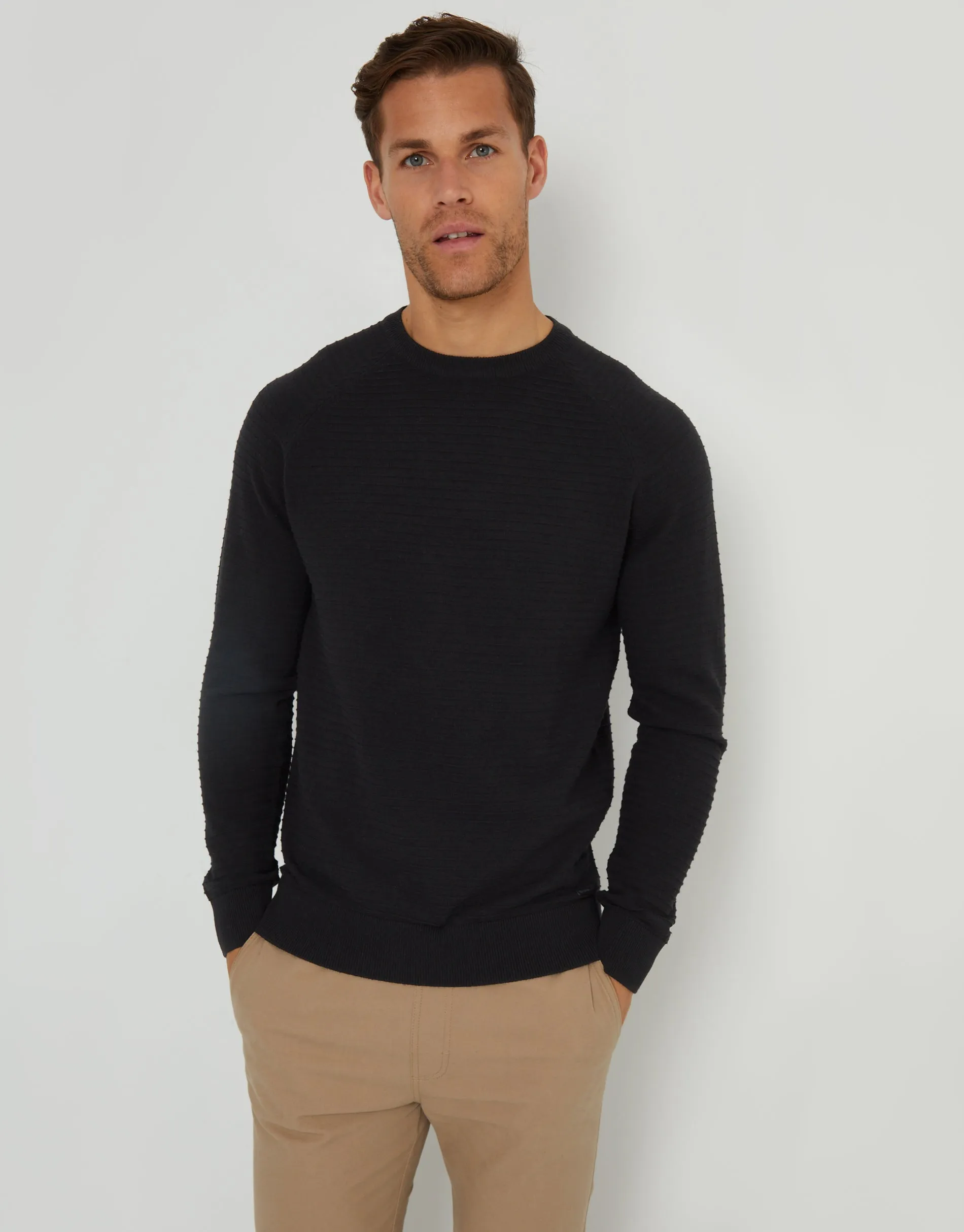 Men's Black Textured Stripe Knitted Crew Neck Jumper