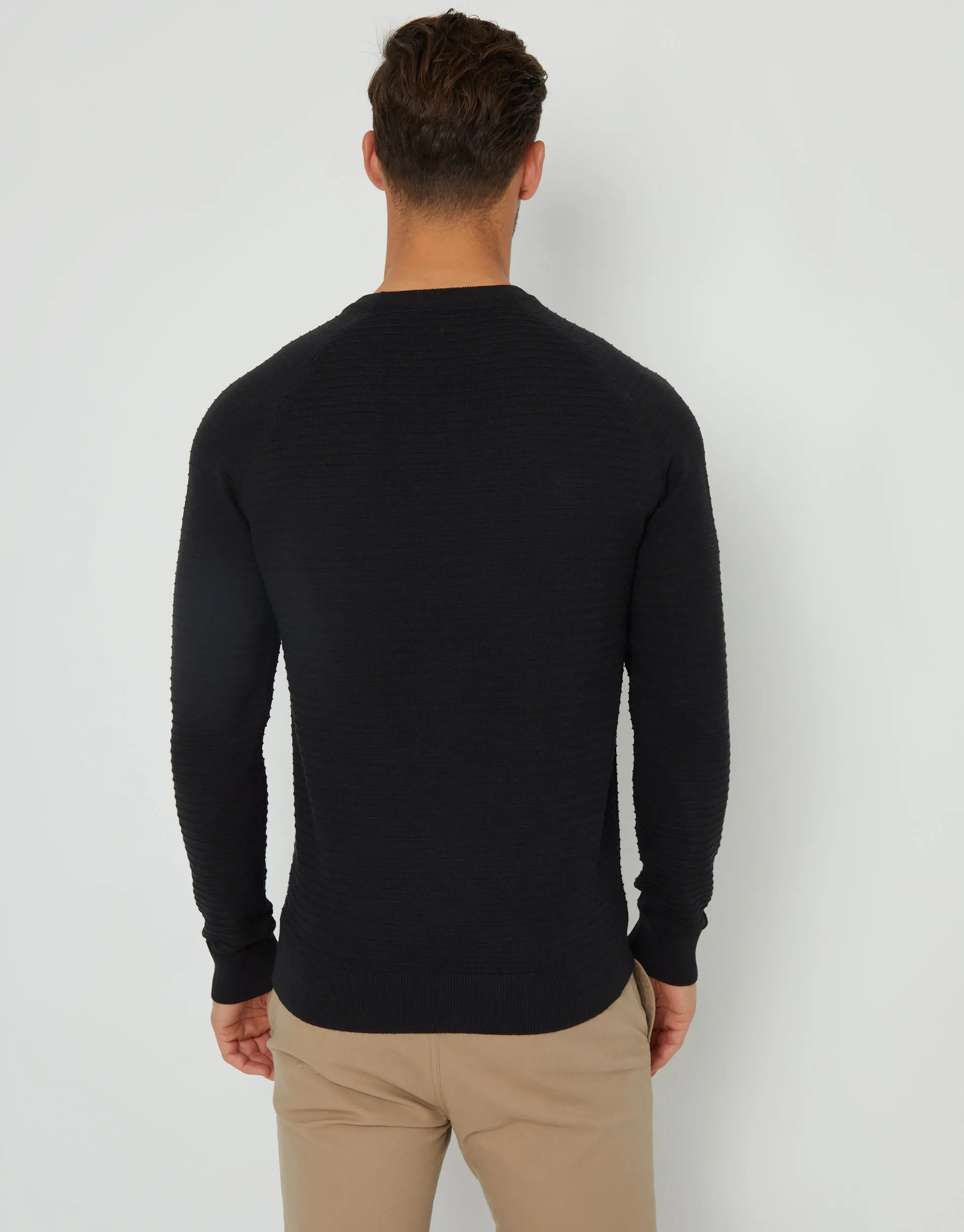 Men's Black Textured Stripe Knitted Crew Neck Jumper