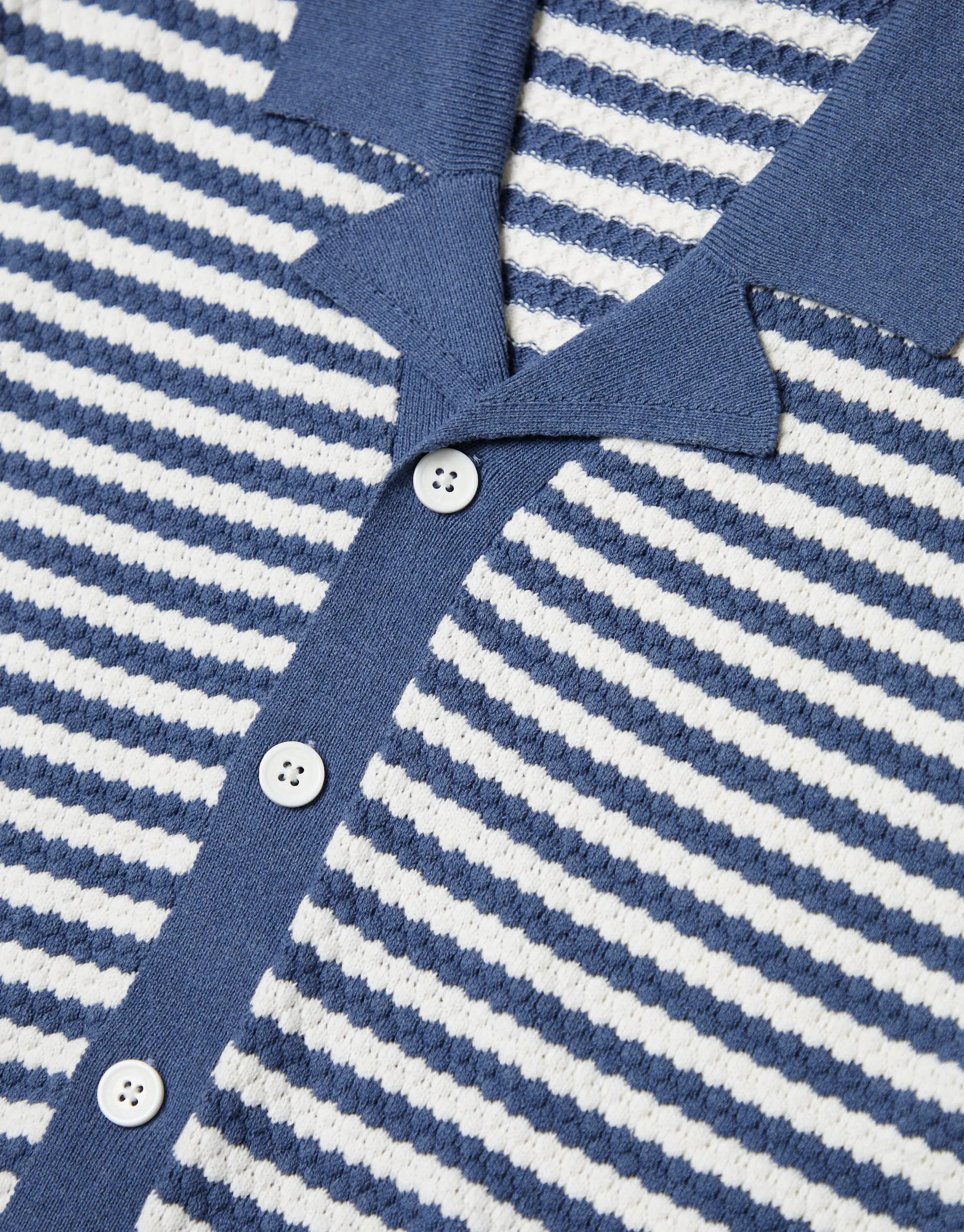 Men's Blue & Ecru Revere Collar Striped Knitted Shirt