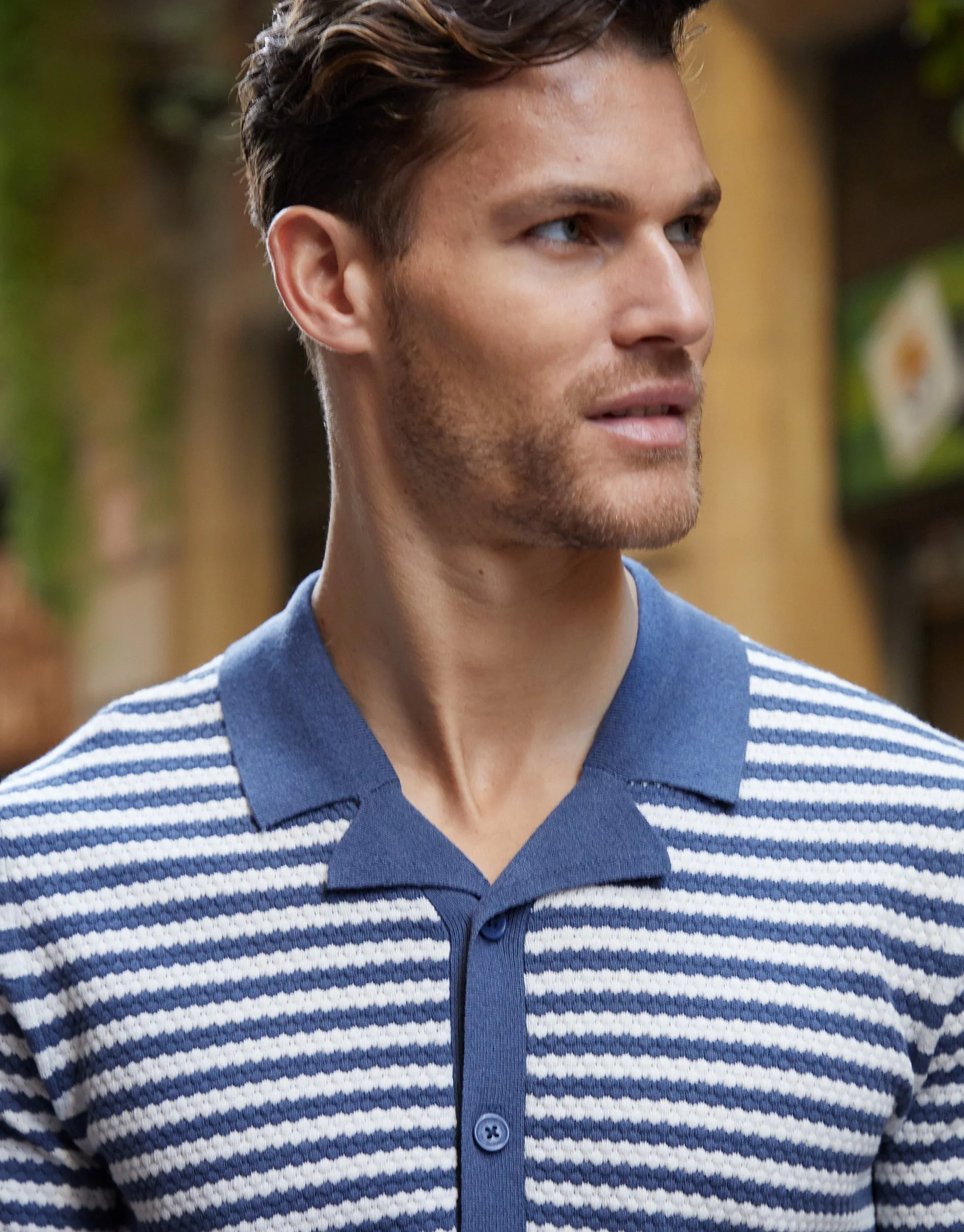 Men's Blue & Ecru Revere Collar Striped Knitted Shirt