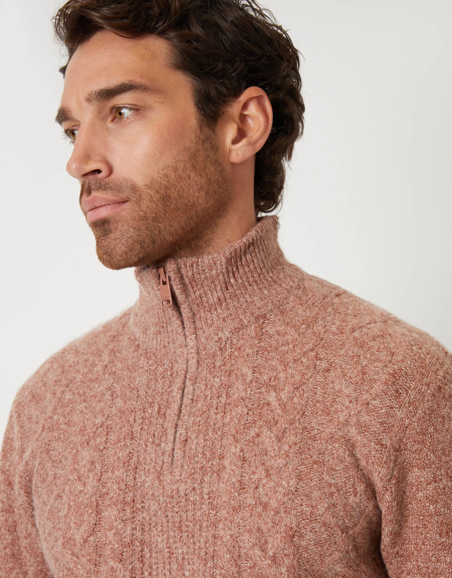 Men's Brown Cable Knit Detail Quarter Zip Jumper