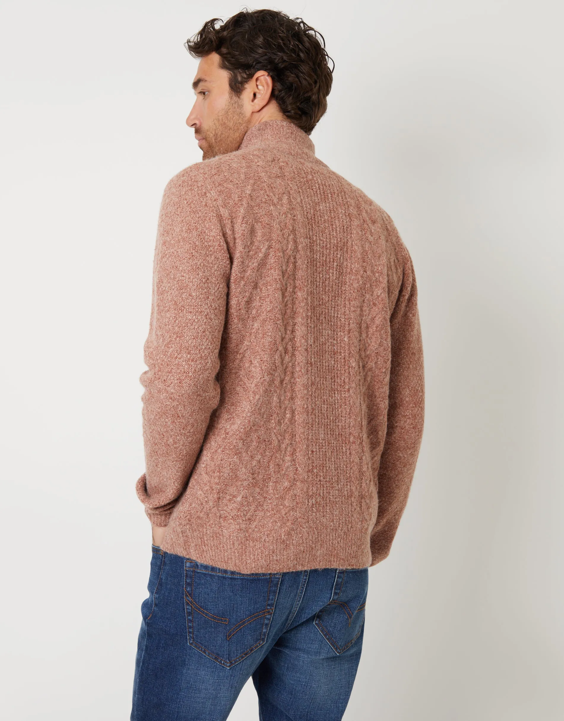 Men's Brown Cable Knit Detail Quarter Zip Jumper