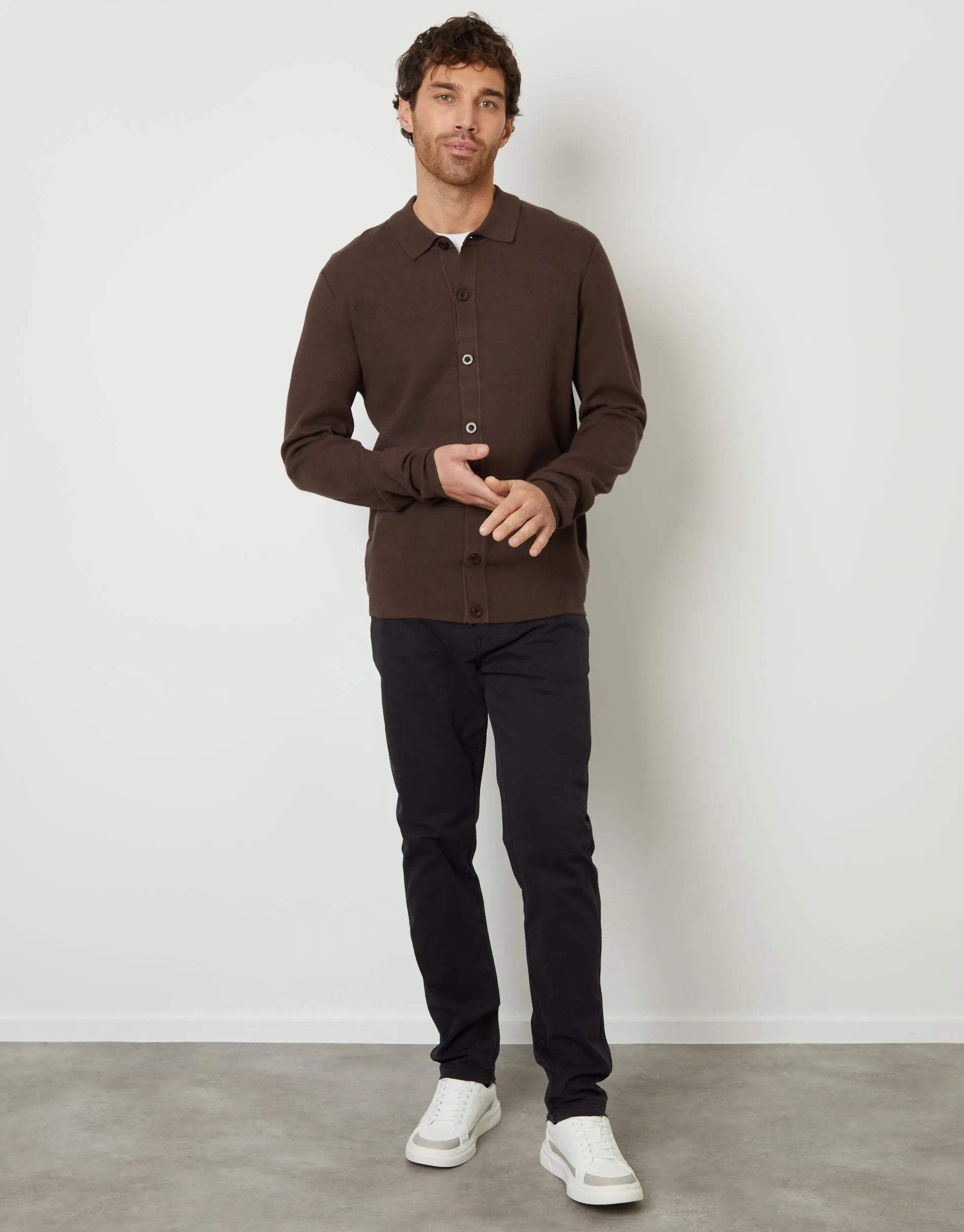 Men's Brown Knitted Button Through Long Sleeve Shirt