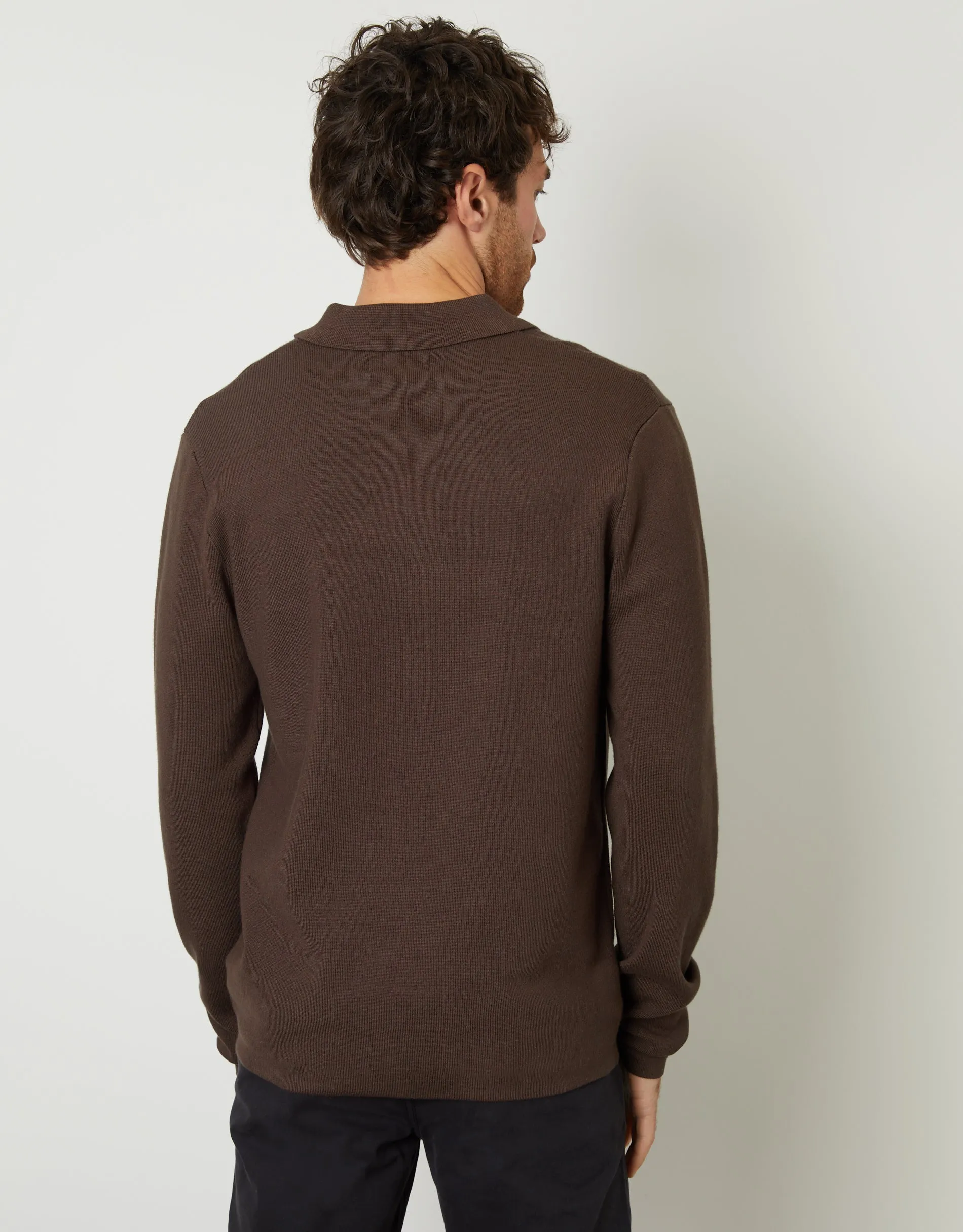 Men's Brown Knitted Button Through Long Sleeve Shirt