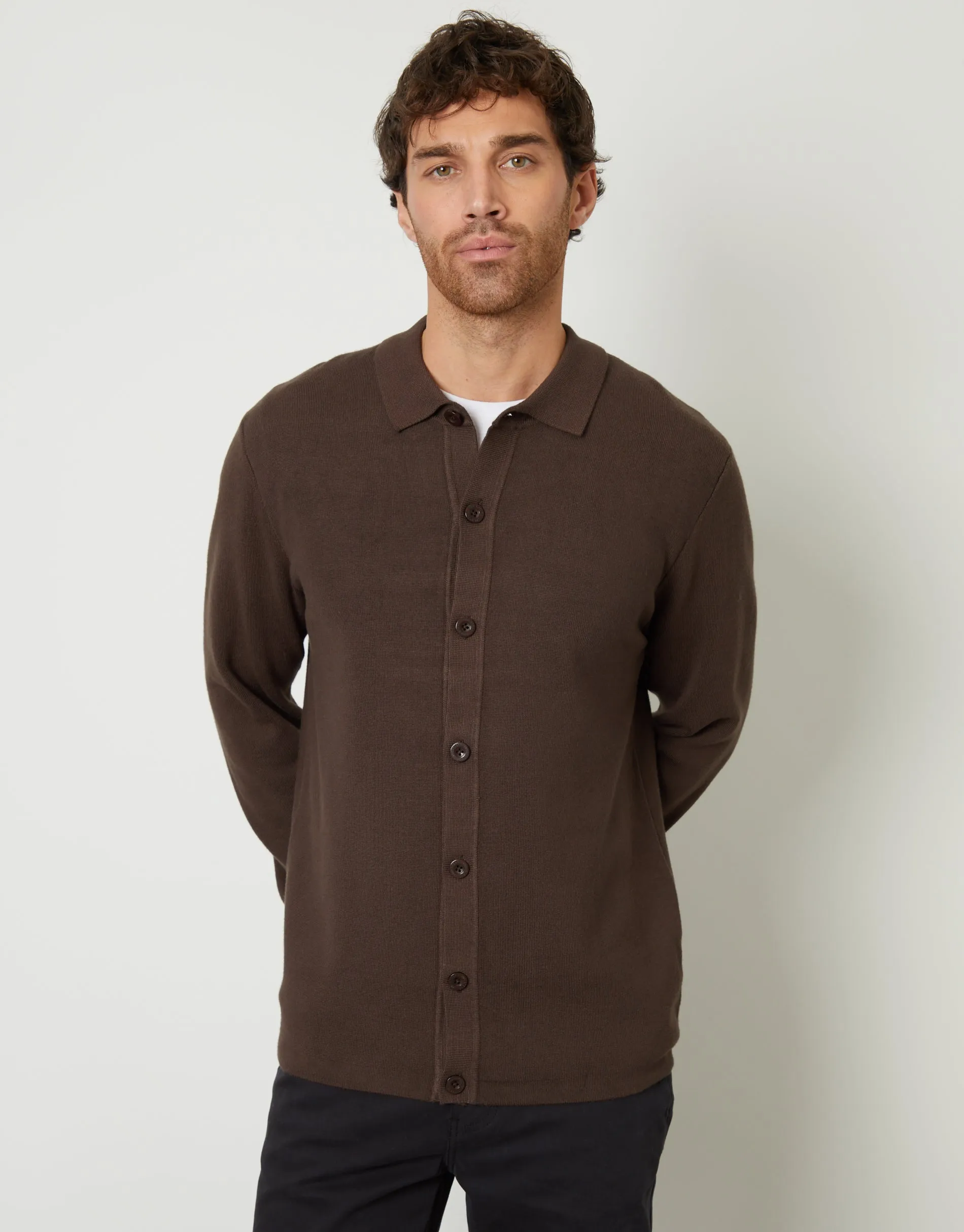 Men's Brown Knitted Button Through Long Sleeve Shirt