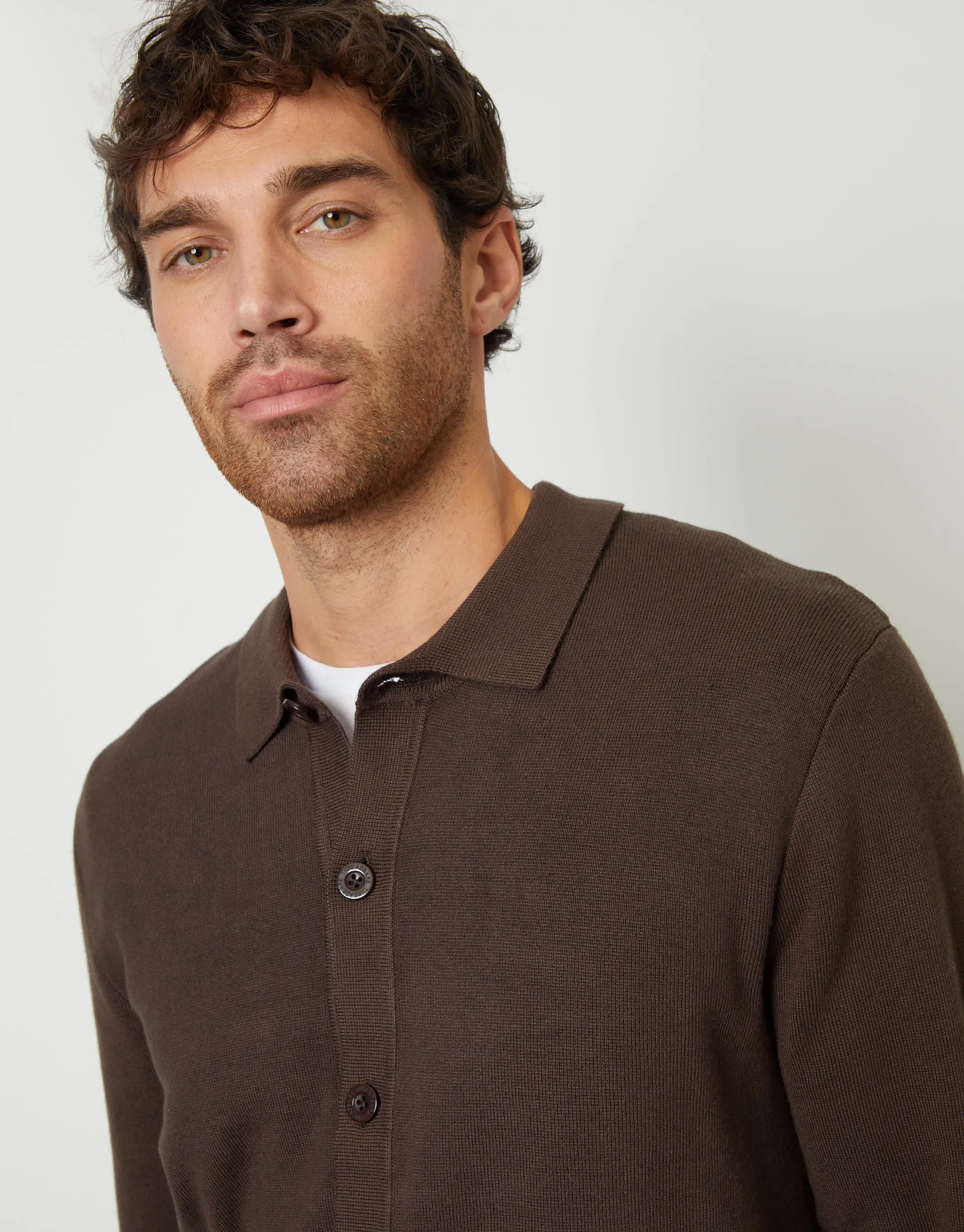 Men's Brown Knitted Button Through Long Sleeve Shirt