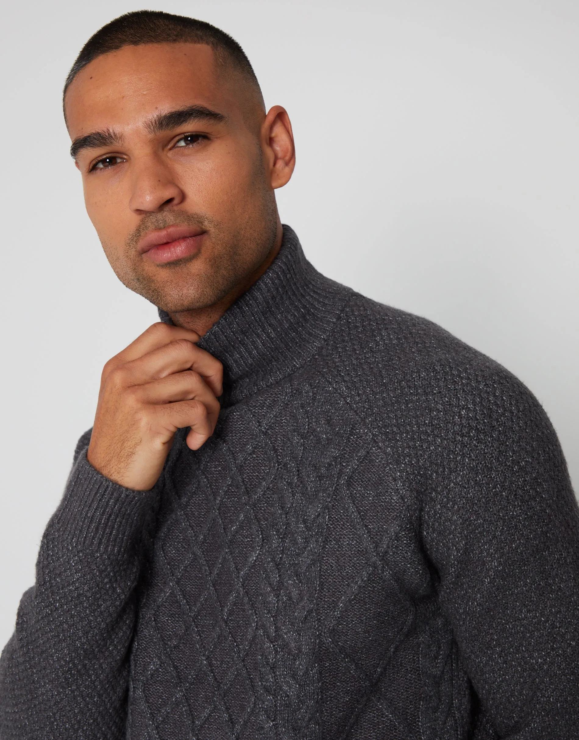 Men's Charcoal Cable Knit Turtle Neck Jumper