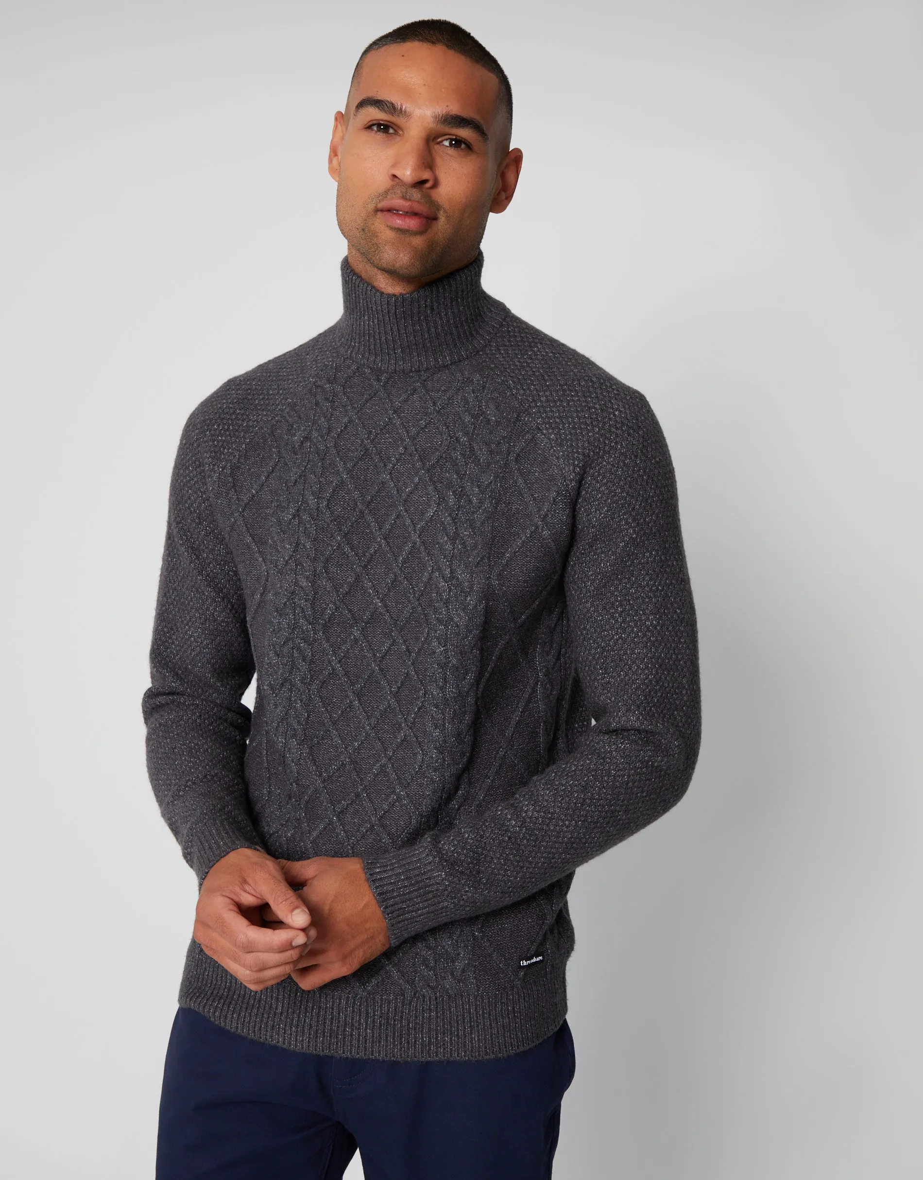 Men's Charcoal Cable Knit Turtle Neck Jumper