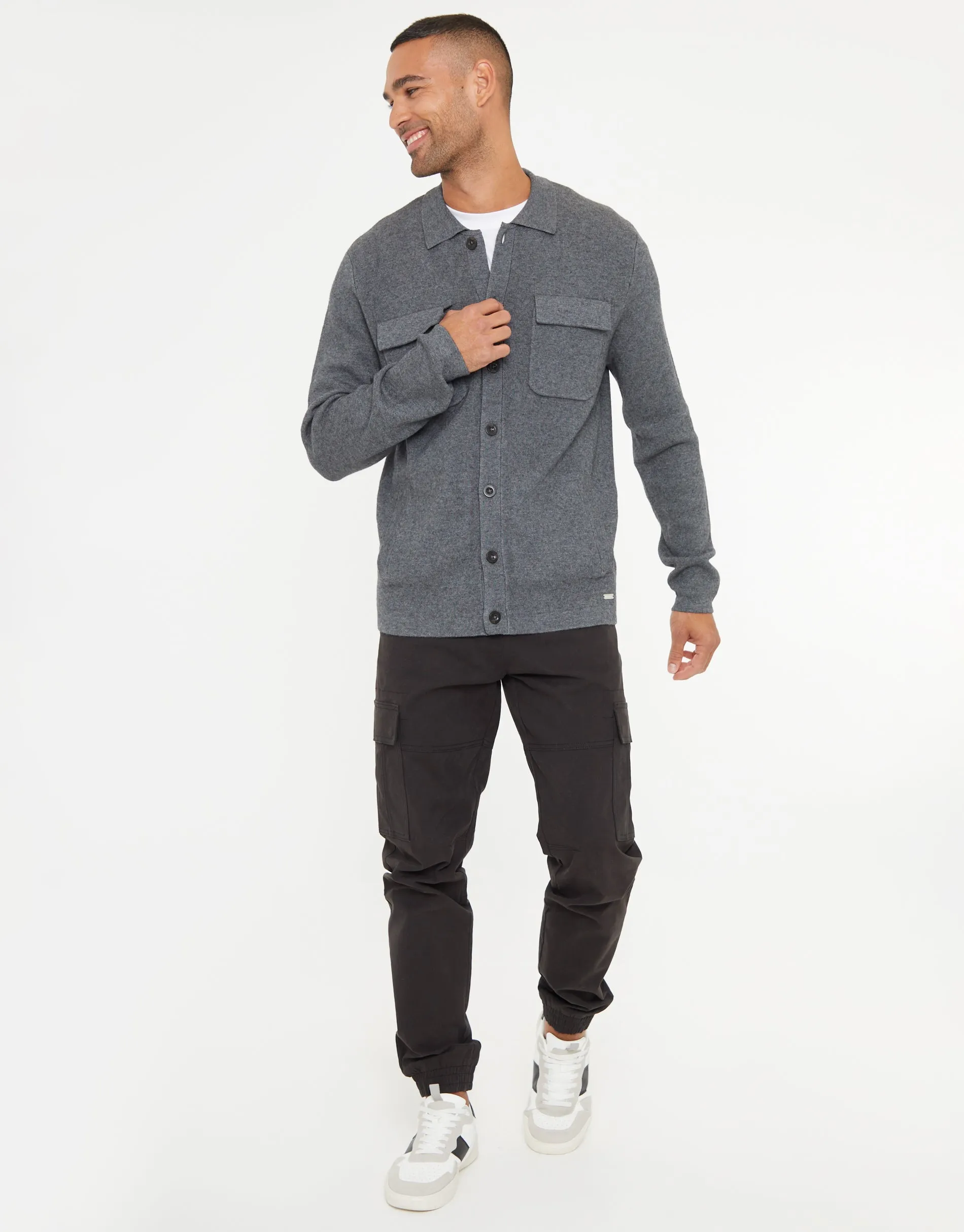 Men's Charcoal Marl Knitted Long Sleeve Shirt