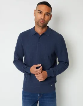 Men's Denim Blue Long Sleeve Textured Knitted Polo Jumper